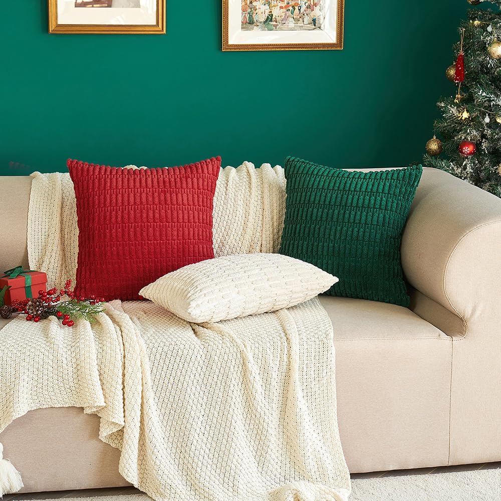 Miulee Pack of 2 Dark Green Corduroy Decorative Pillow Covers 20x20 Inch Soft Boho Striped Throw Pillow Covers Modern Farmhouse Home Decor…