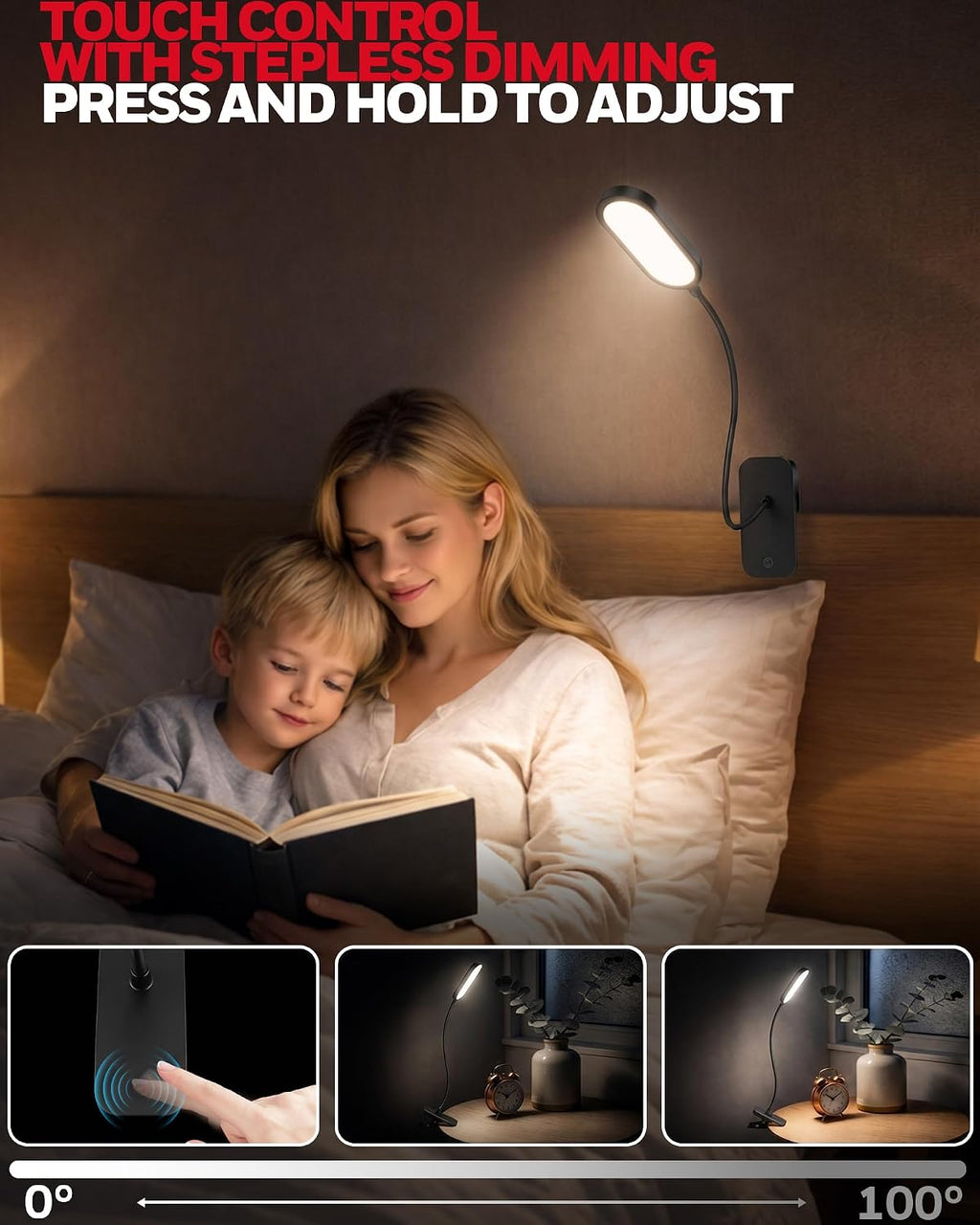 Honeywell Clip On Desk Lamp, Rechargeable Reading Light with Touch Control, Stepless Dimming, Portable Lamp for Desk, Bedside, Study