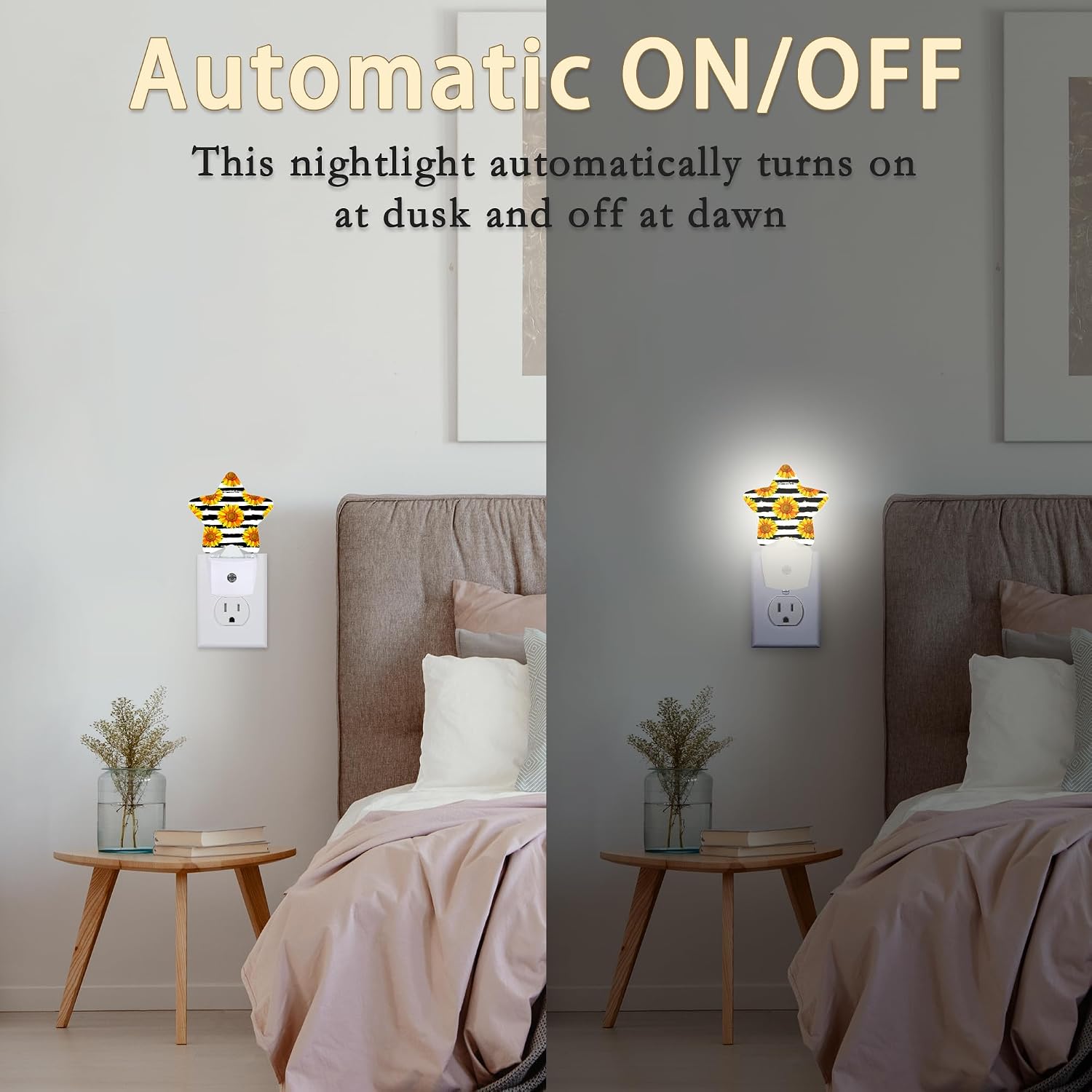 Sunflowers Plug-in Night Light Black White Grid with Dusk-to-Dawn Sensor for Bedroom, Bathroom and Living Room Sleep Friendly lamp for…