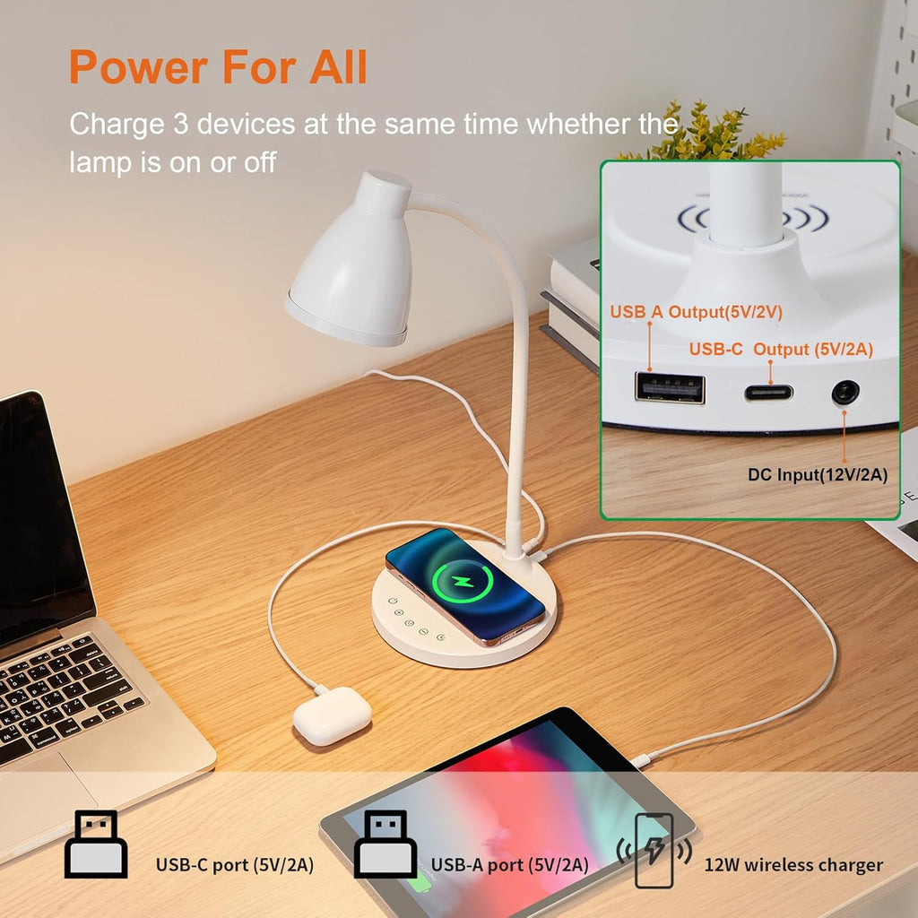BOHON Desk Lamp for Home Office, LED Desk Light with USB C+A Charging Ports, Wireless Charger, 5 Colors Stepless Dimming Reading Light…