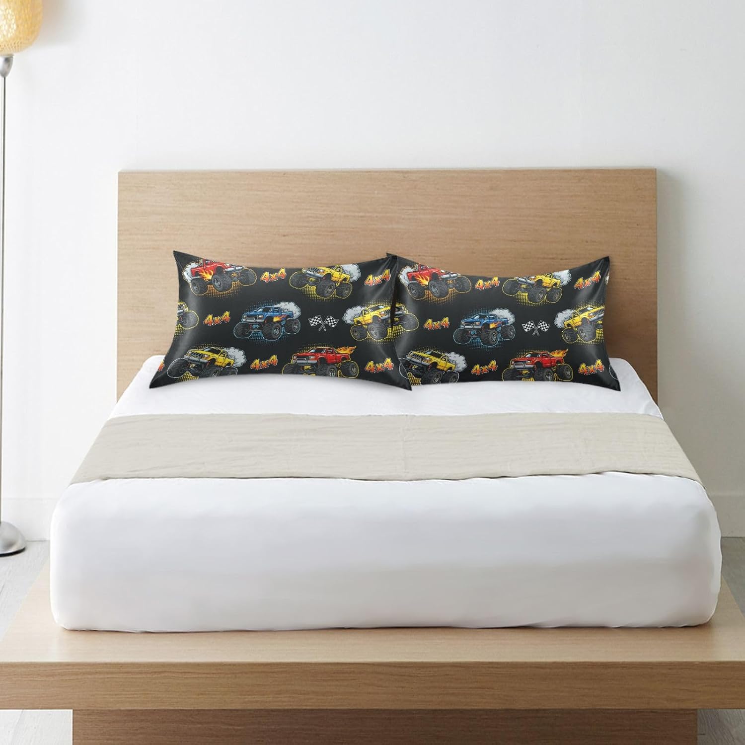 Monster Truck Fire Black Print Pillow Covers Silk Pillowcase for Hair and Skin Soft Breathable Smooth Cooling Satin Pillowcase King Size…