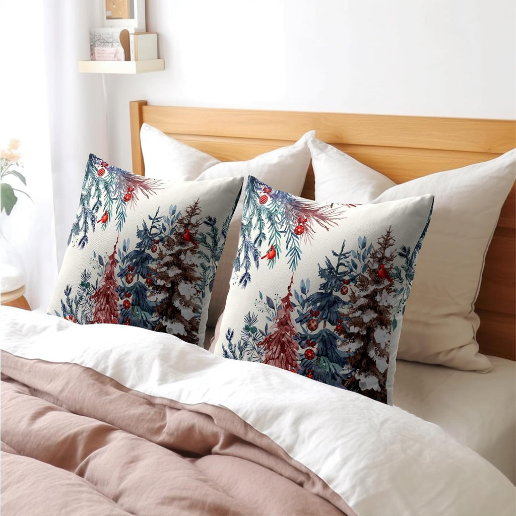 Granbey Christmas Tree Throw Pillow Covers 22x22 Inch Set of 2 Winter Watercolor Pine Trees Red Berry Bells Birds Decorative Pillowcase Xma…