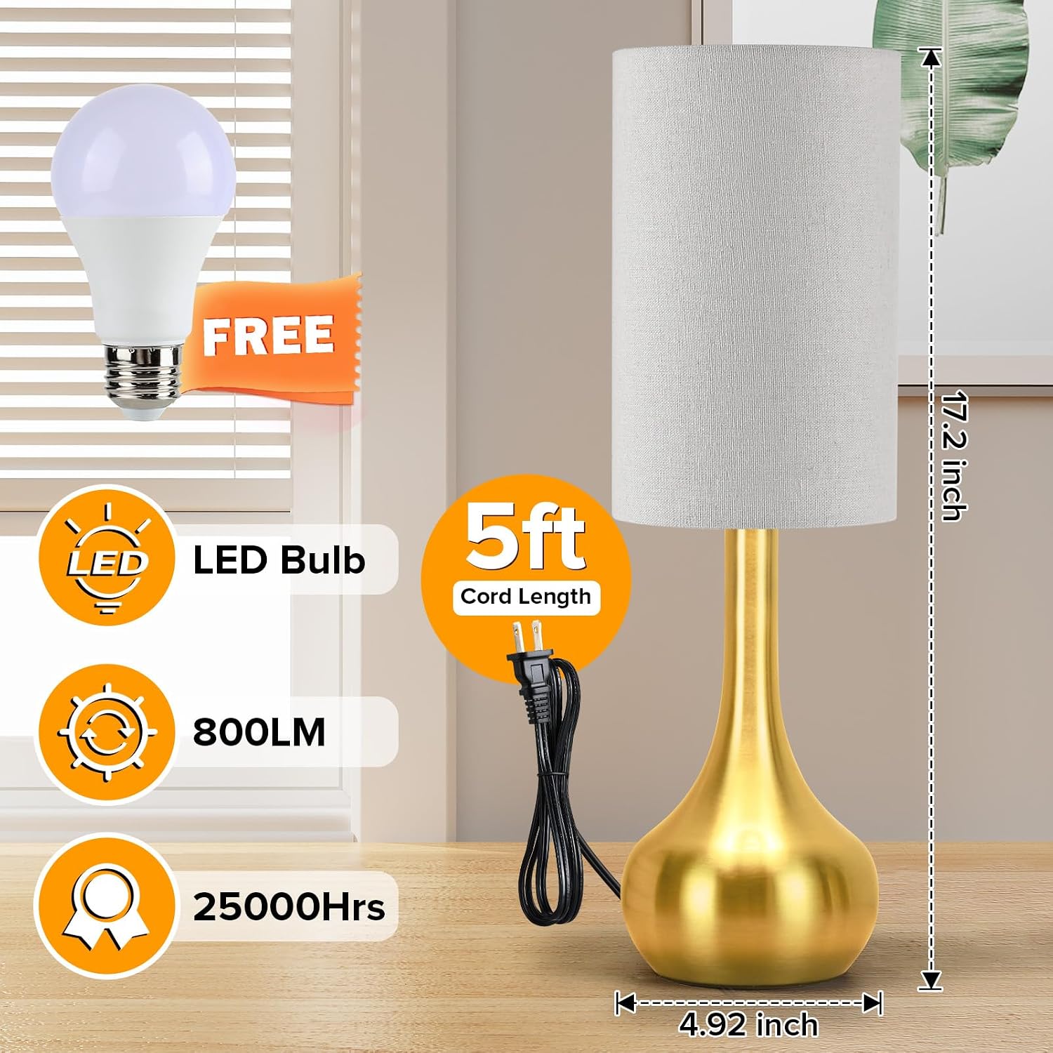 Ledikon Touch Gold Table Lamp for Nightstand, 3-Way Dimmable, Space Saving & No Assembly Required, Upgraded Small Bedside Lamp for Bedroom,…