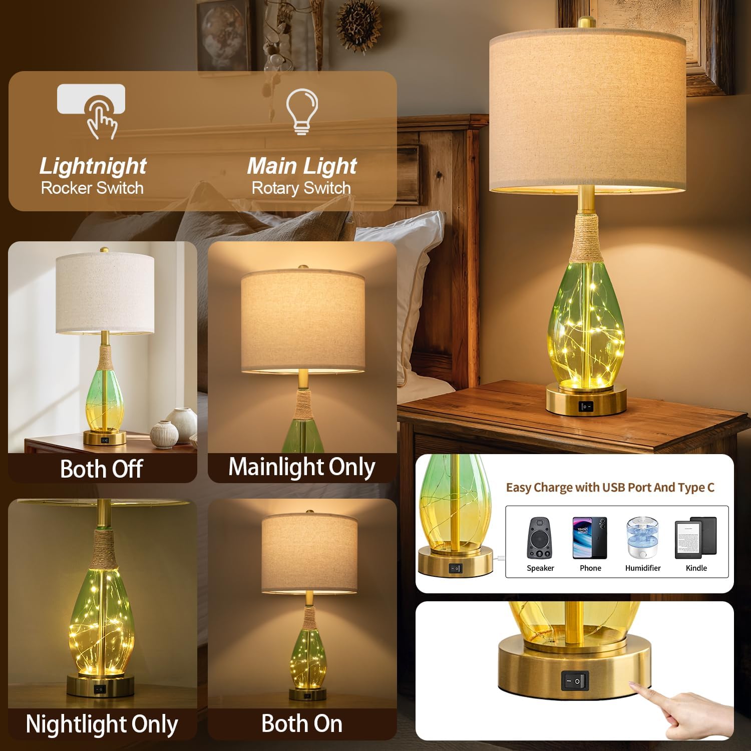OYEARS 23" Table Lamps Set of 2, Farmhouse Lamps with Glass Nightlight, Bedside Lamps for Living Room, Rattan Lamps for Bedroom…