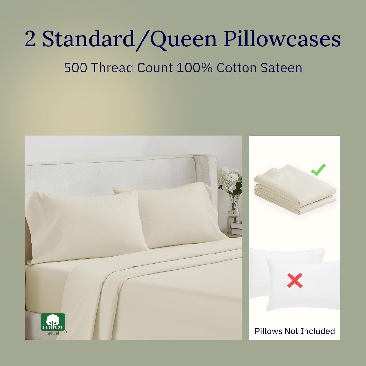 CALIFORNIA DESIGN DEN Soft & Silky 500 Thread Count 100% Cotton is Cool & Smooth, 2 Pillowcases Standard Fits Standard & Queen Pillows…