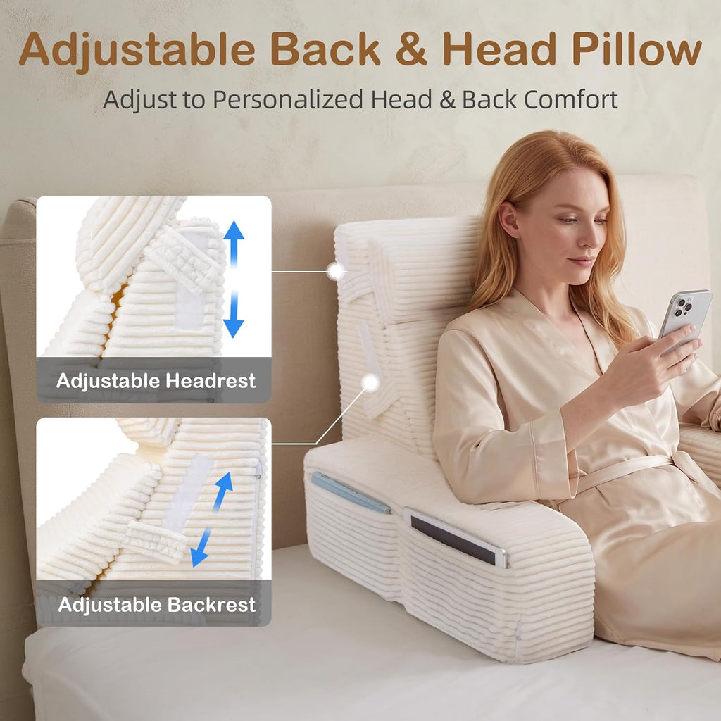 Vekkia 21" Reading Pillow for Bed Sitting Up, Back Support Pillow for Adult with Adjustable Back & Head, 5 Large Pockets, Integrated Arms,…