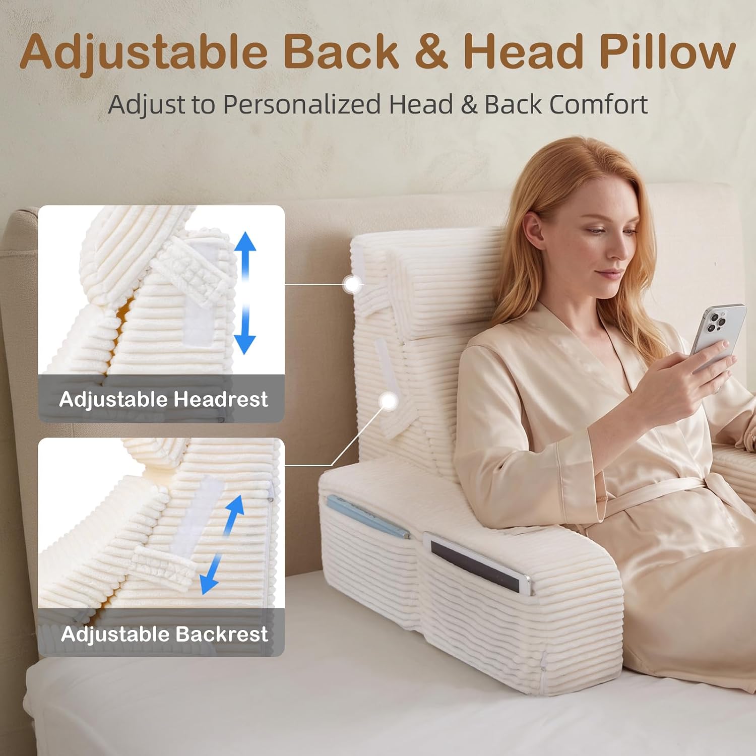 Vekkia 21" Reading Pillow for Bed Sitting Up, Back Support Pillow for Adult with Adjustable Back & Head, 5 Large Pockets, Integrated Arms,…
