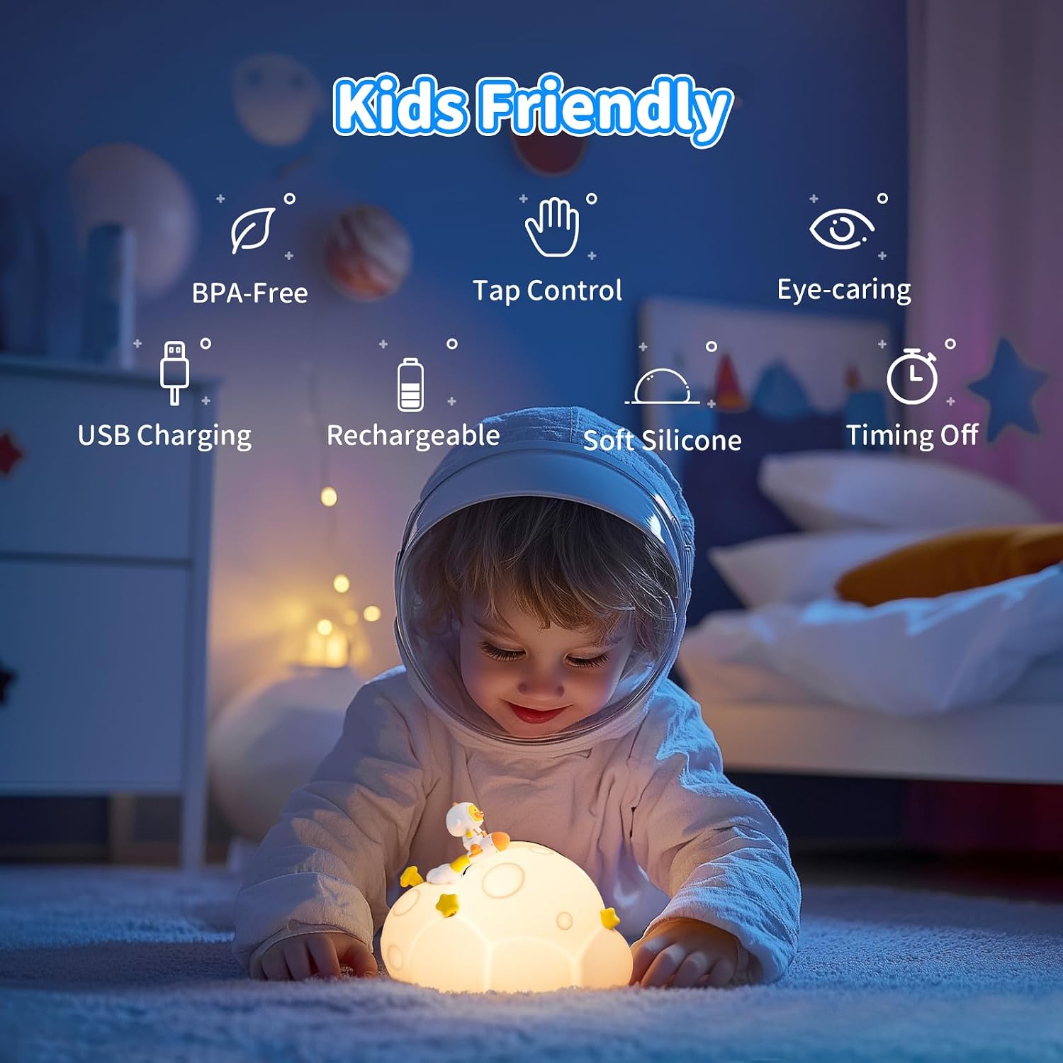 Auto-Off Night Light for Kids - Rechargeable Touch Control Bedside Lamp, Planet Night Lights for Nursery, Gift for Girls Boys