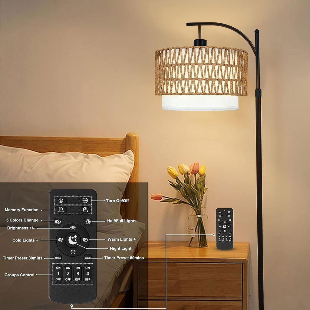 ZECOXOL Arc Floor Lamp for Living Room Boho Floor Lamps with Remote Control & with 3 Color Temperatures, Rattan Wicker Standing Lamp…