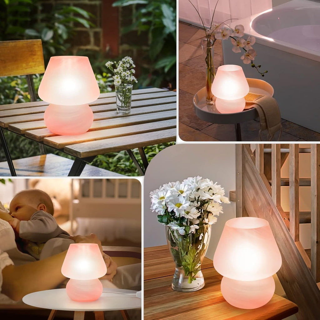 ONEWISH Mushroom Lamp Cute Table Lamp for Bedroom Nightstand Soft Light Pink, Small Glass Nightlight Stepless Dimmable Desk Lamp for…