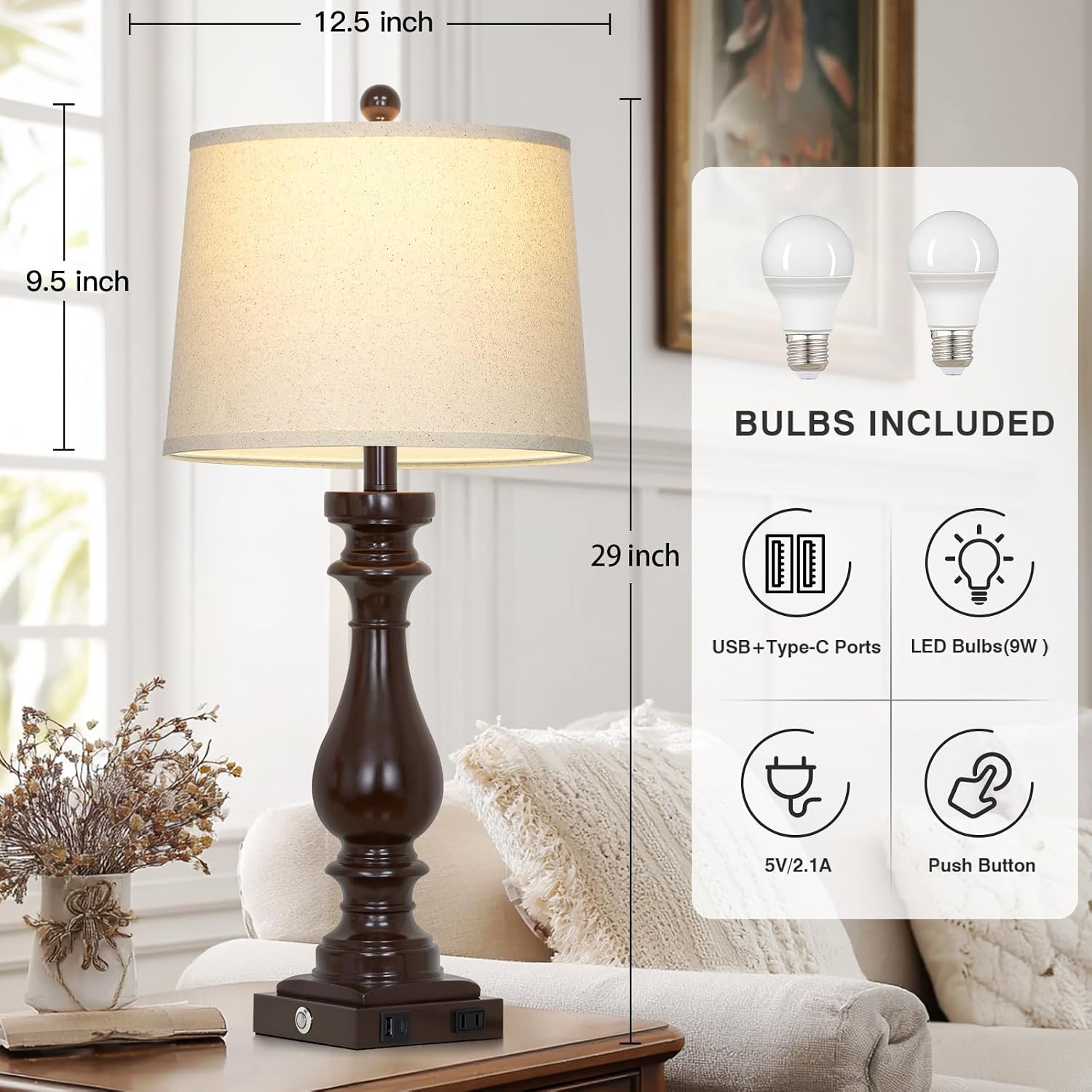 Cinkeda 29" Tall Farmhouse Table Lamp for Living Room Set of 2, Vintage Retro Nightstand Lamps with USB C+A Ports & AC Outlet,3-Way…