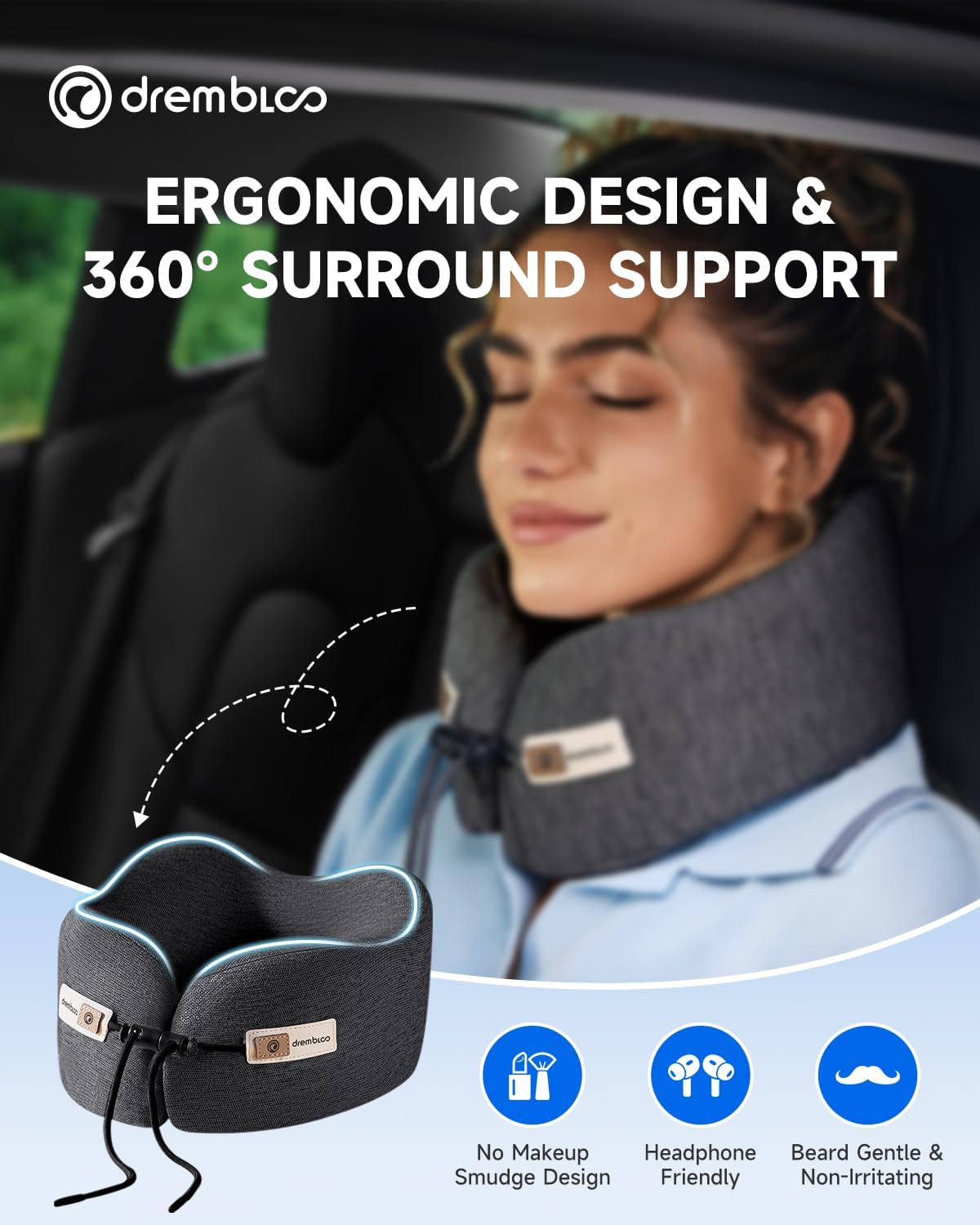 drembloo Travel Neck Pillow for Airplane, Memory Foam 360° Ergonomic Support for Sleeping on Long Flights, Compact Portable Sleep Essential…