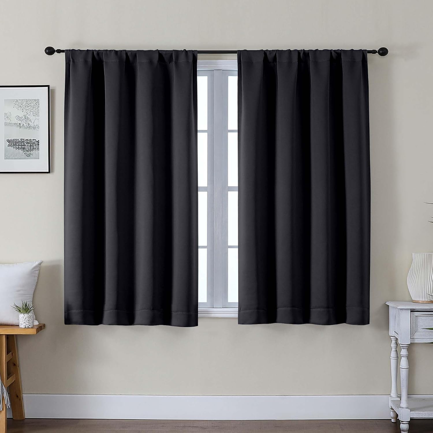 Gwine Black Blackout Curtains for Bedroom 45 Inch Length - Thermal Insulated Light Blocking Window Curtain Panels, Solid Room Darkening…