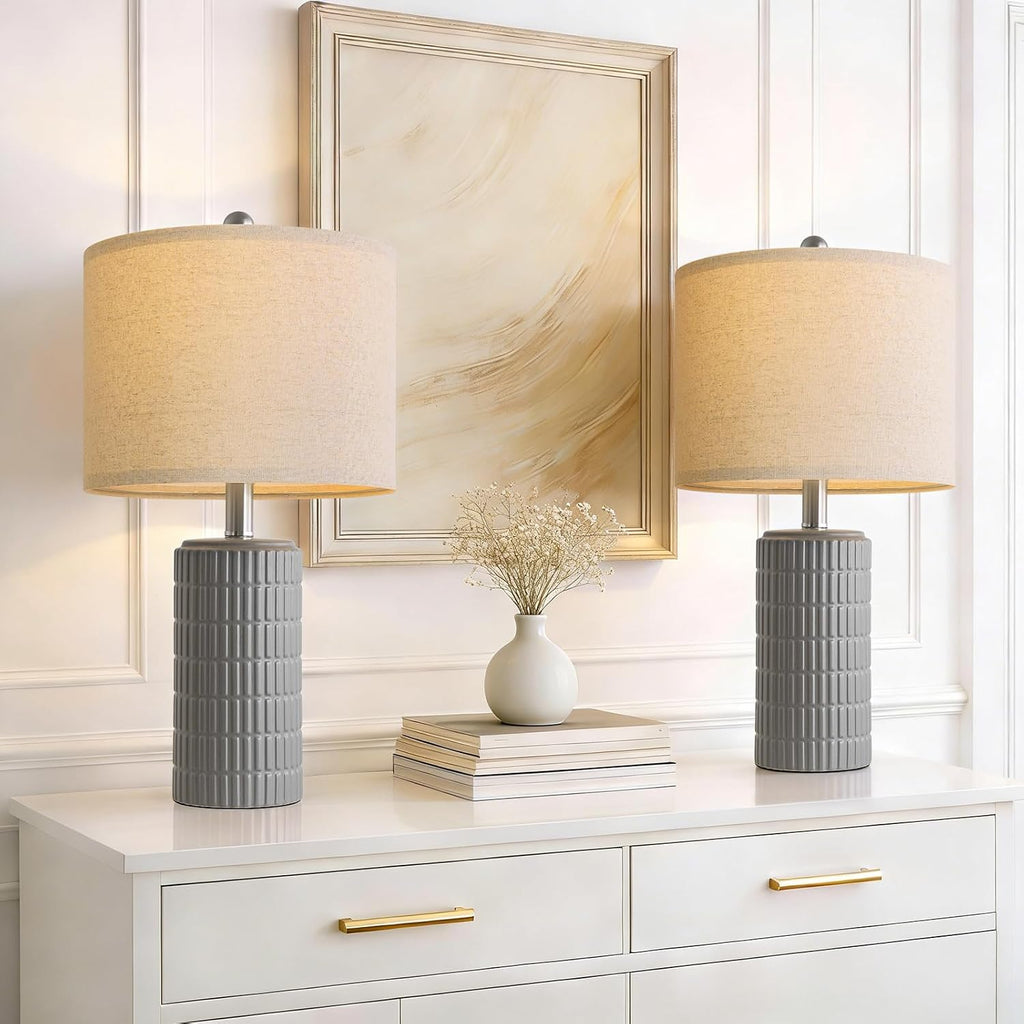PoKat 20.75'' Ceramic Small Table Lamps for Bedroom, Modern Dark Gray Bedside Lamps Set of 2, Farmhouse Lamps for Living Room with Linen…