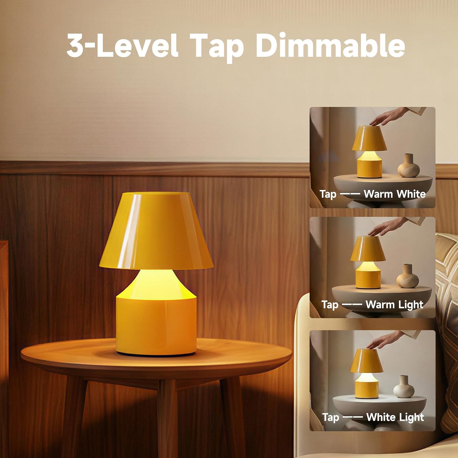 AUGE LIGHT Mini Tap Lamp, Touch Control Night Light, Type-C Rechargeable Cordless Table Lamp, for Bedroom, Living Room, Kids’ Gift, Yellow