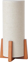 KUNJOULAM Modern Table Lamps, Nightstand Lamp with Linen Fabric Shade Brown Wooden Base, 13.9" Cylinder Bedside Table Lamp for Bedroom…