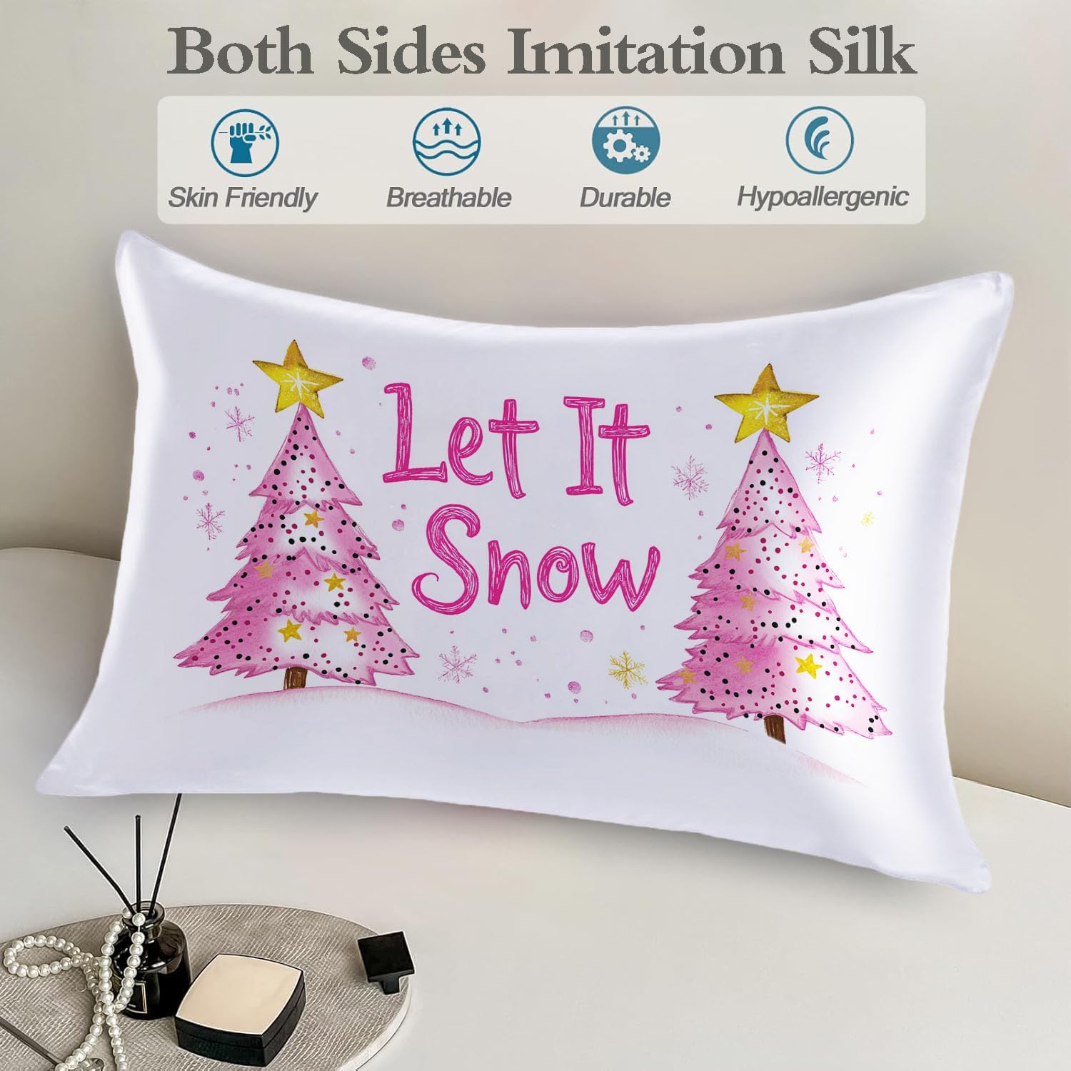 Pink Xmas Trees with Gold Stars Imitation Silk Pillowcase for Hair and Skin Let It Snow 1 Pack Satin Queen Pillowcase with Hidden Zipper…