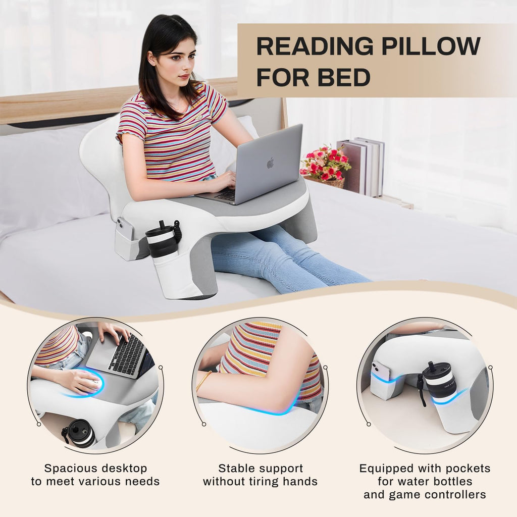 Wogahev Laptop Lap Desk, Reading Pillow for Bed, Memory Foam Arm Rest Support Gaming Pillow with Cup/Phone Pocket, Laptop Lap Desk for Work…