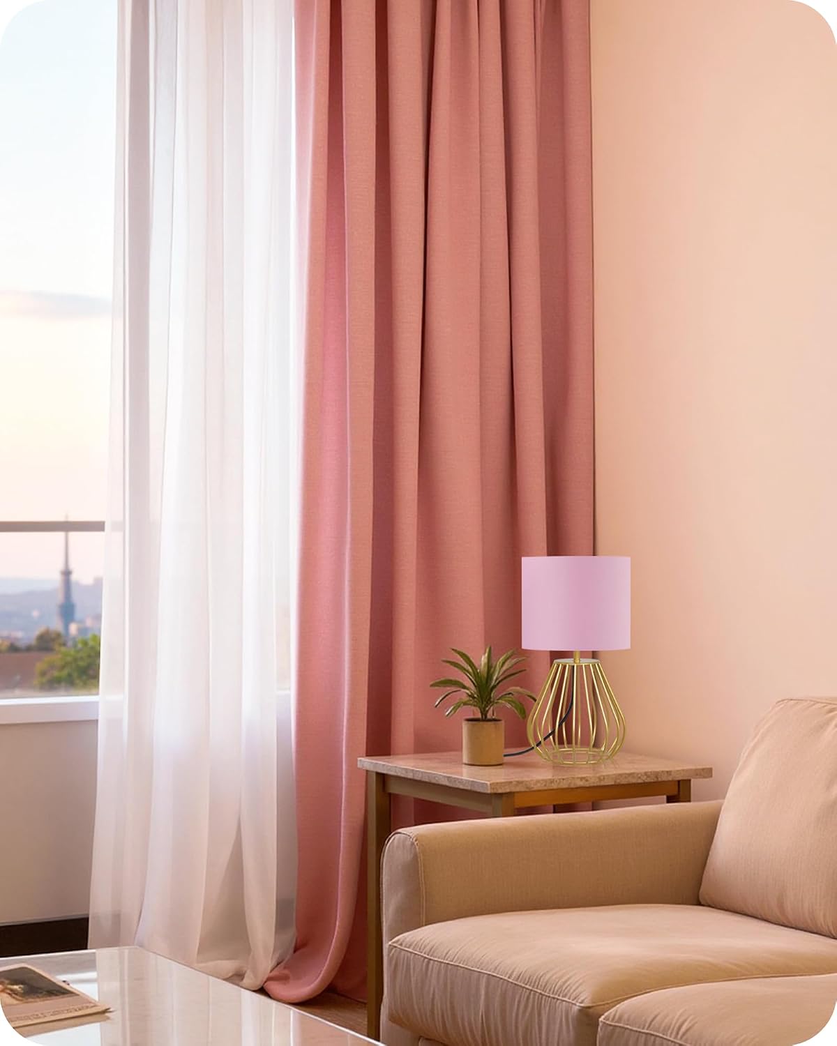 Pink and Gold Table Lamp, Small Bedside Lamp with Metal Base & Pink Linen Lampshade, Modern Nightstand Lamp, Little Cute Desk Lamp for…