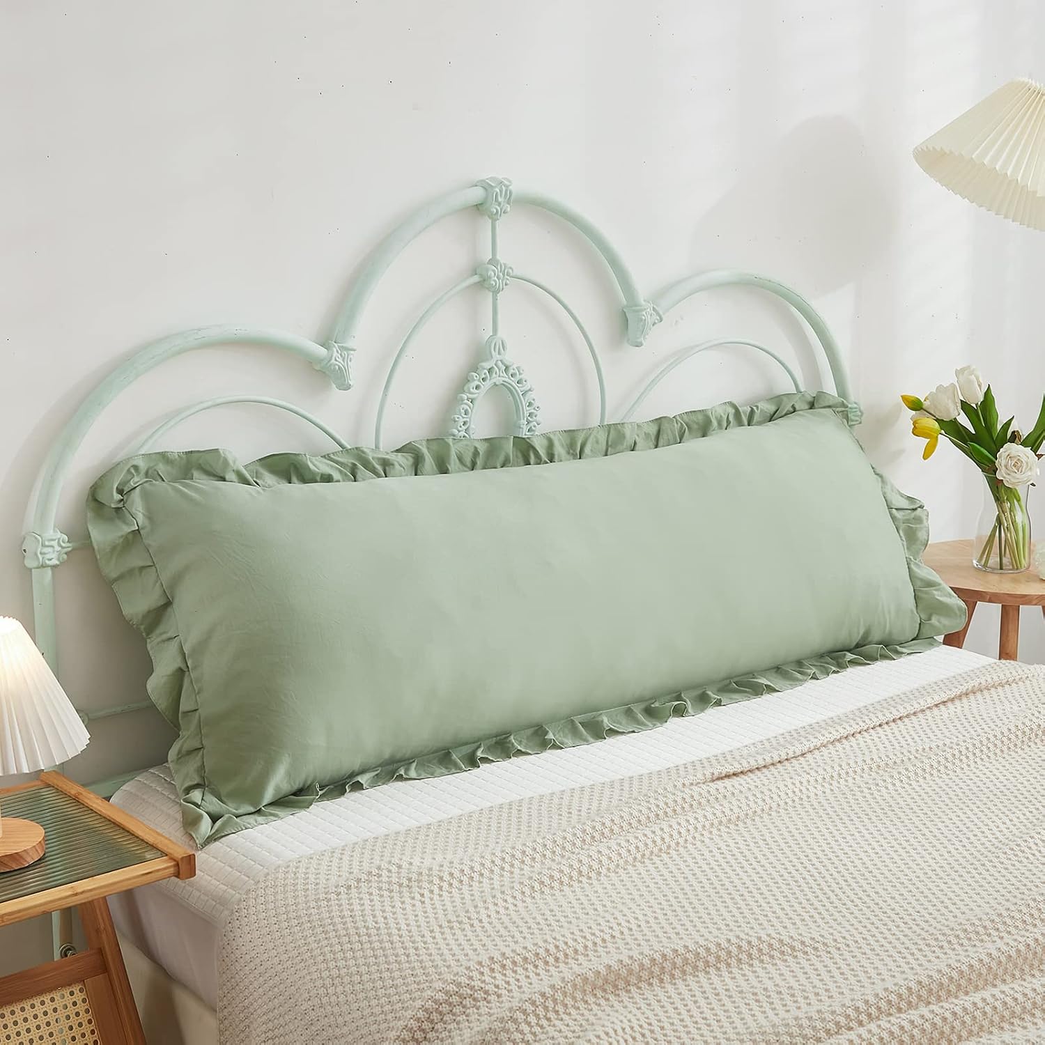 Merryword Sage Green Body Pillow Cover 20x54inches Long Pillowcase Ruffled Pillowcases Shabby Chic Ruffled Fringe Decor Body Ruffled Pillow…