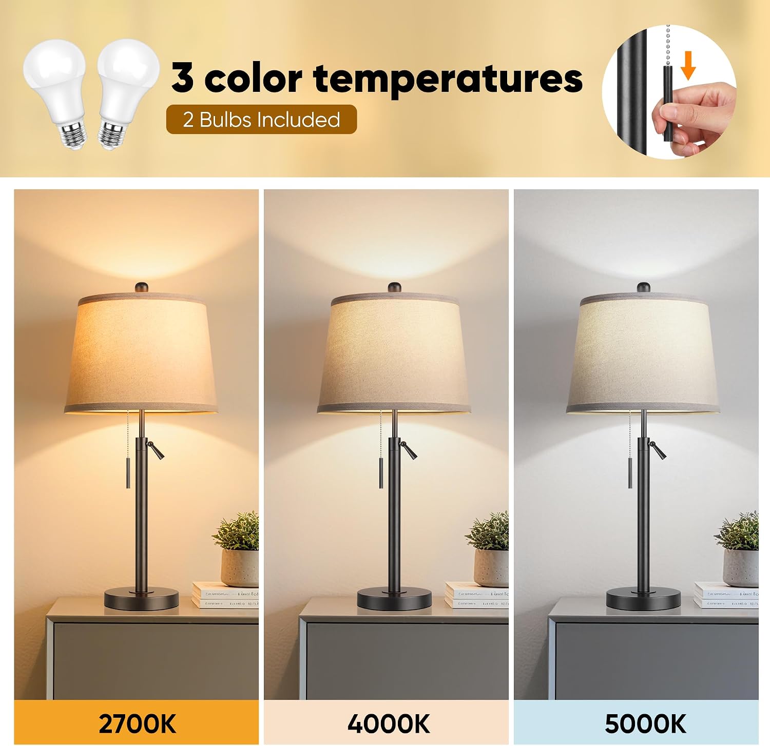 PARTPHONER Bedside Table Lamps Set of 2, Tall Black Table Lamps for Living Room, Height Adjustable Nightstand Lamps for Bedroom, Modern…