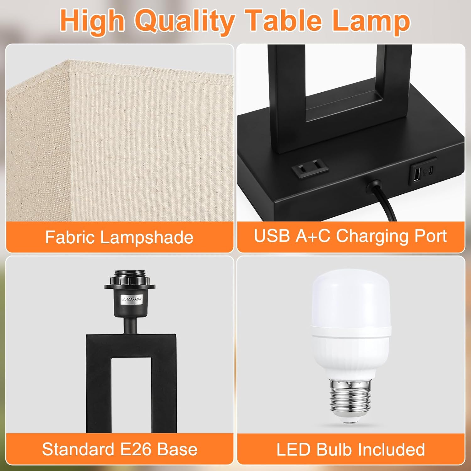 Seealle 26.3in Big Bedroom Table Lamps Set of 2 -Touch Control, 3 Way Dimmable, USB C+A Charging, LED Bulbs, Easy Assembly