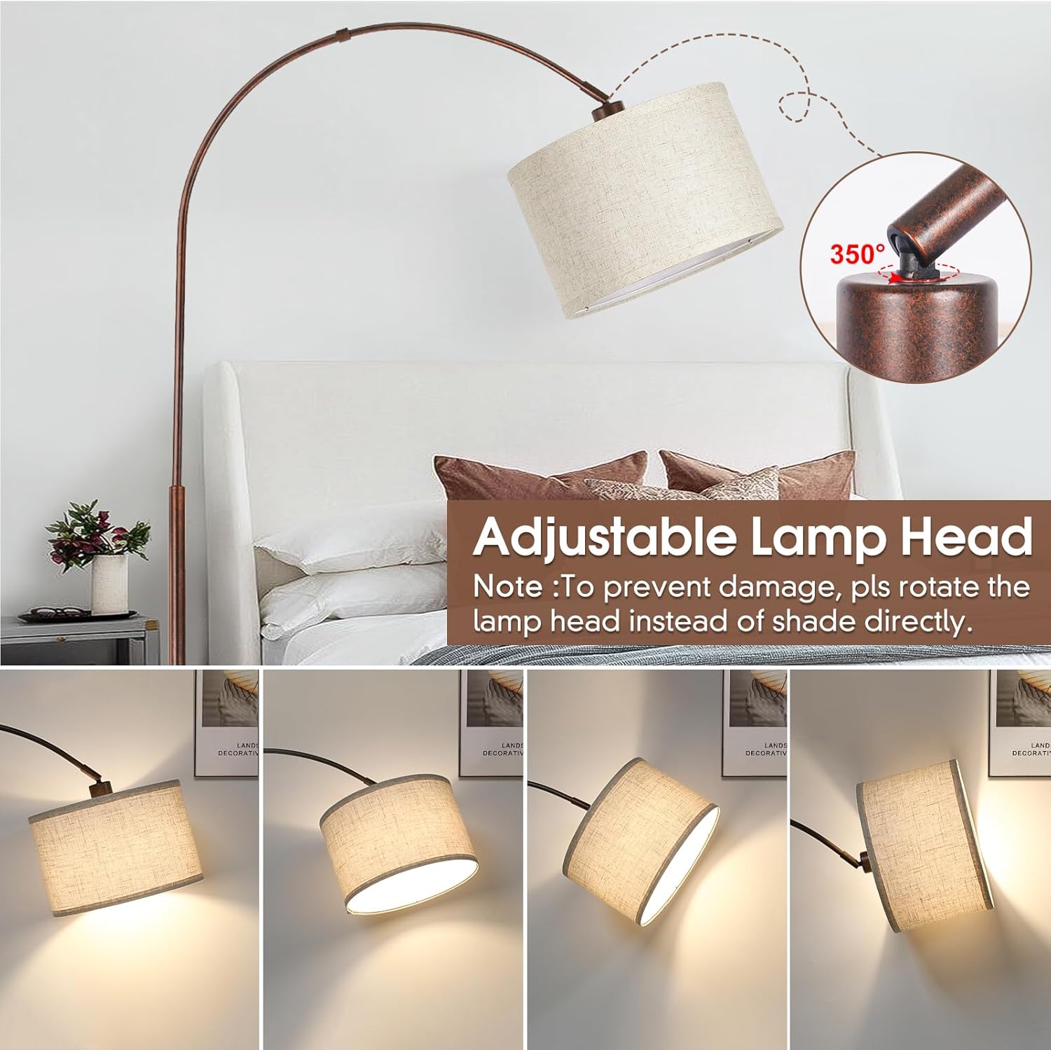 Dimmable Arc Floor Lamps for Living Room, Mid Century Floor Lamp, Antique Bronze Standing Lamp with Adjustable Hanging Shade, Tall Pole…