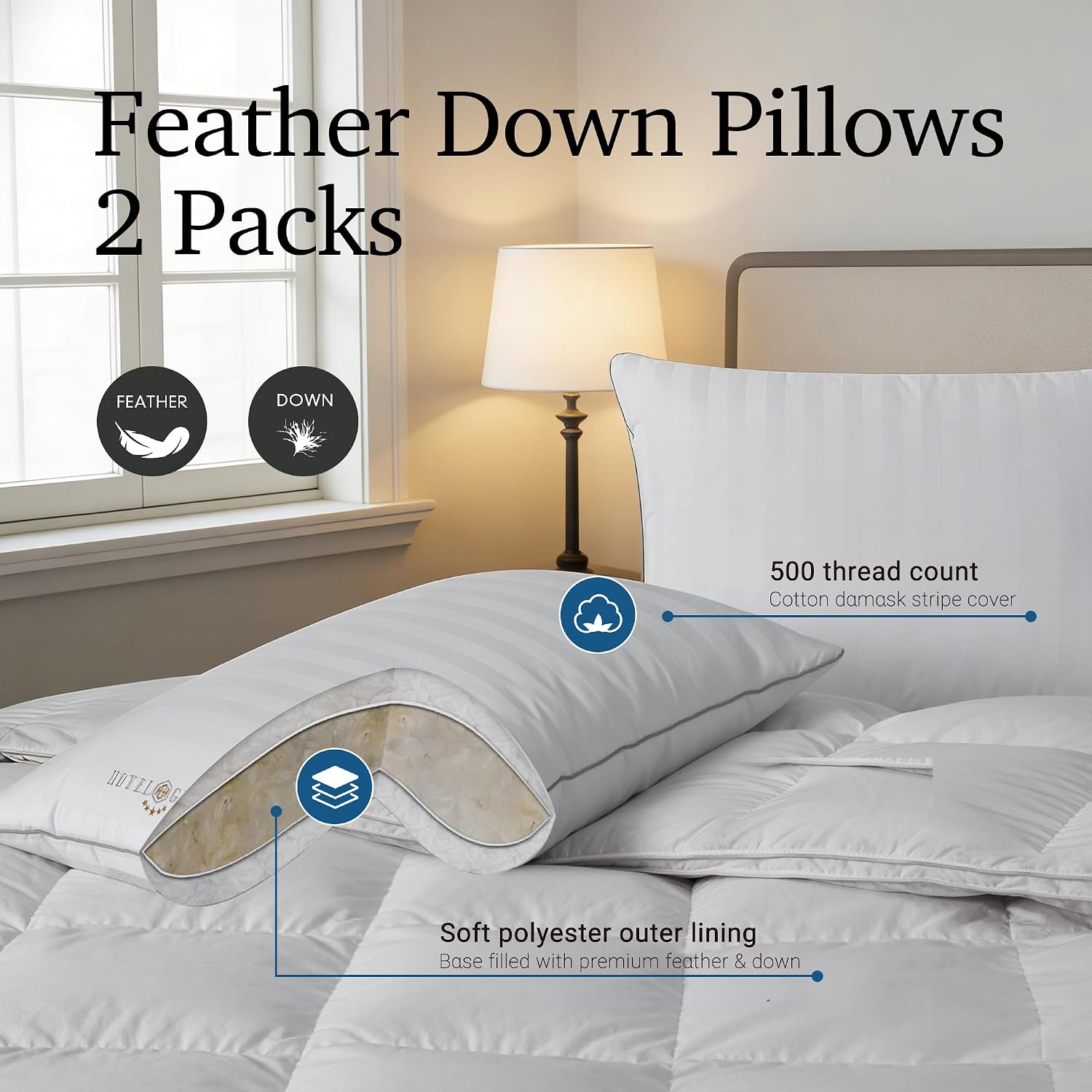 Hotel Grand Bed Pillows Queen Size Set of 2 Packs - 500 Thread Count 100% Cotton Medium Firm Hypoallergenic Feather Down Pillows Machine…