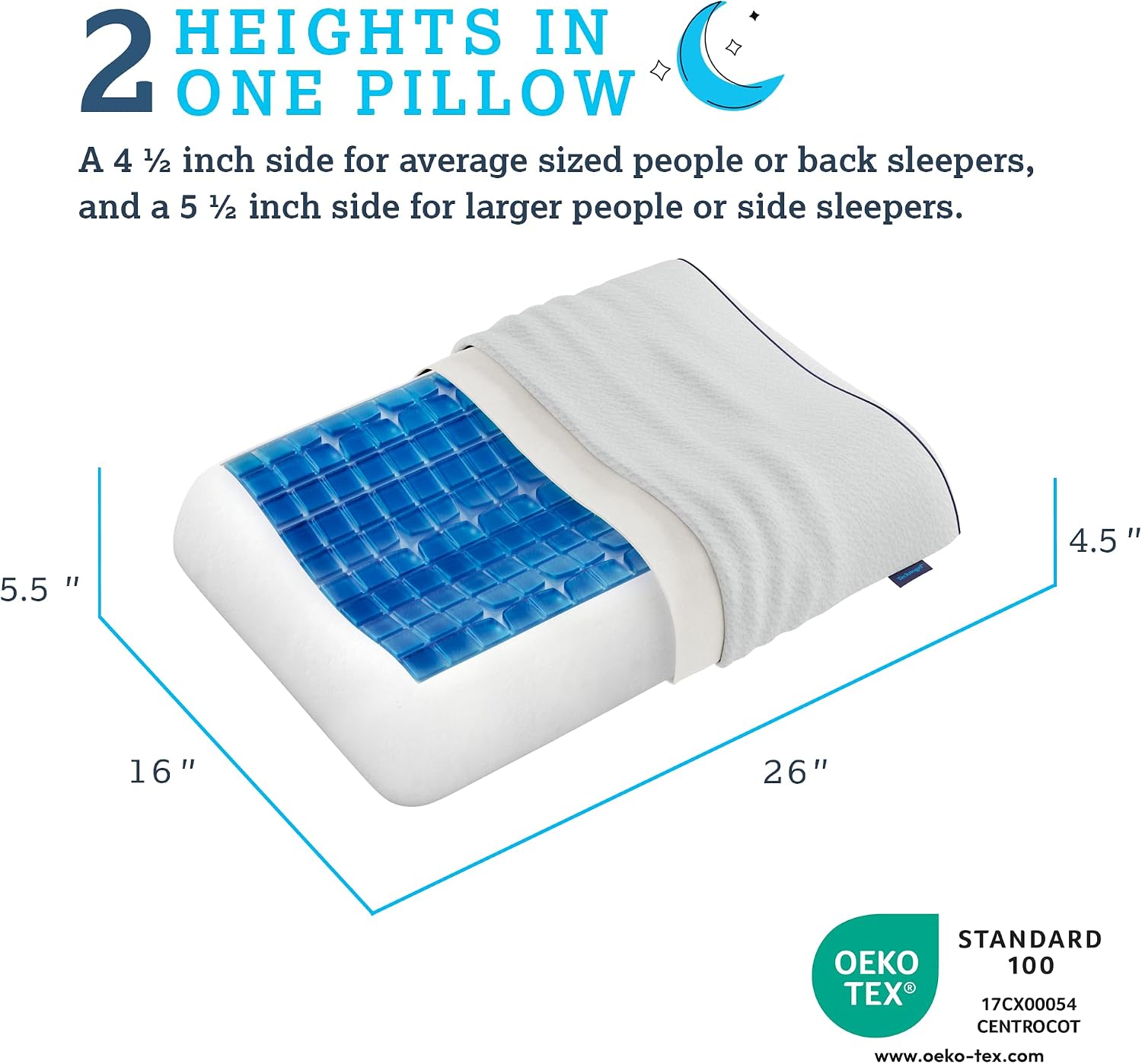 Technogel Anatomic Cooling Gel Pillow – Dual-Height (5.5" & 4.5") Cervical Spine Support, Memory Foam Base, Washable Cover, Side & Back Sle…