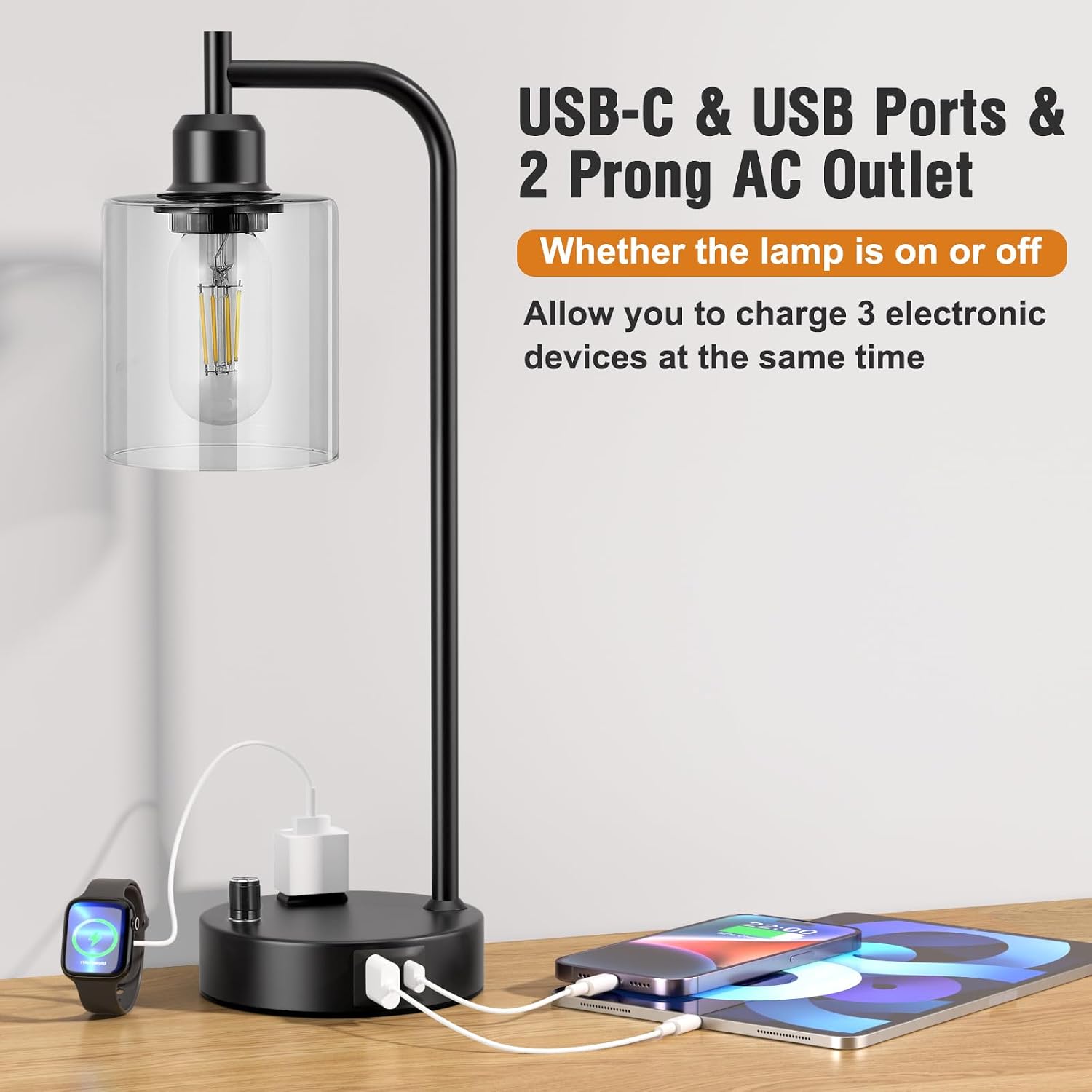 Industrial Nightstand Lamps for Bedrooms Set of 2 - Fully Dimmable Bedside Lamps with USB A C Ports and Outlet, Black Table Lamps with…