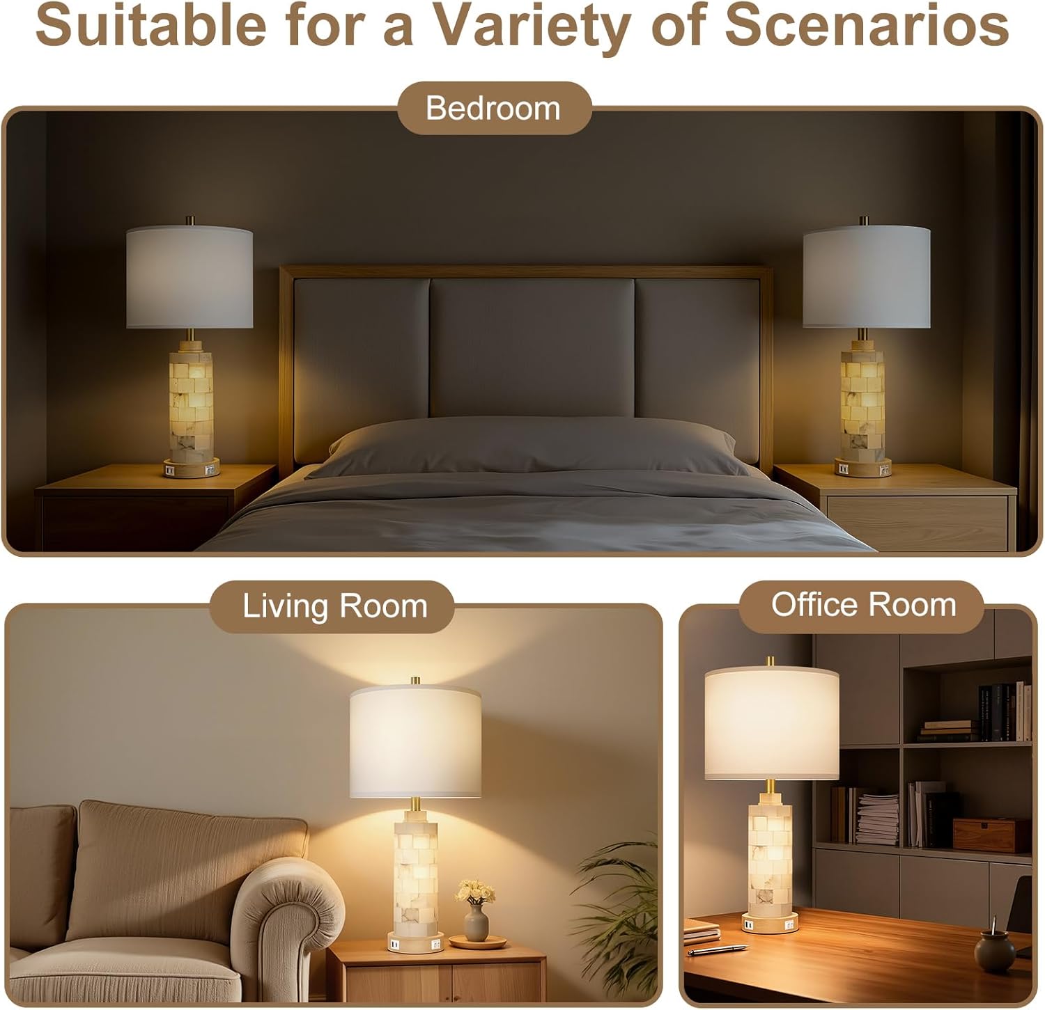 KIVDITZO 27" Alabaster and Wood Table Lamp Set of 2 with Night Light Nightstand Lamps with USB Ports White Linen Fabric Shade Bedside…