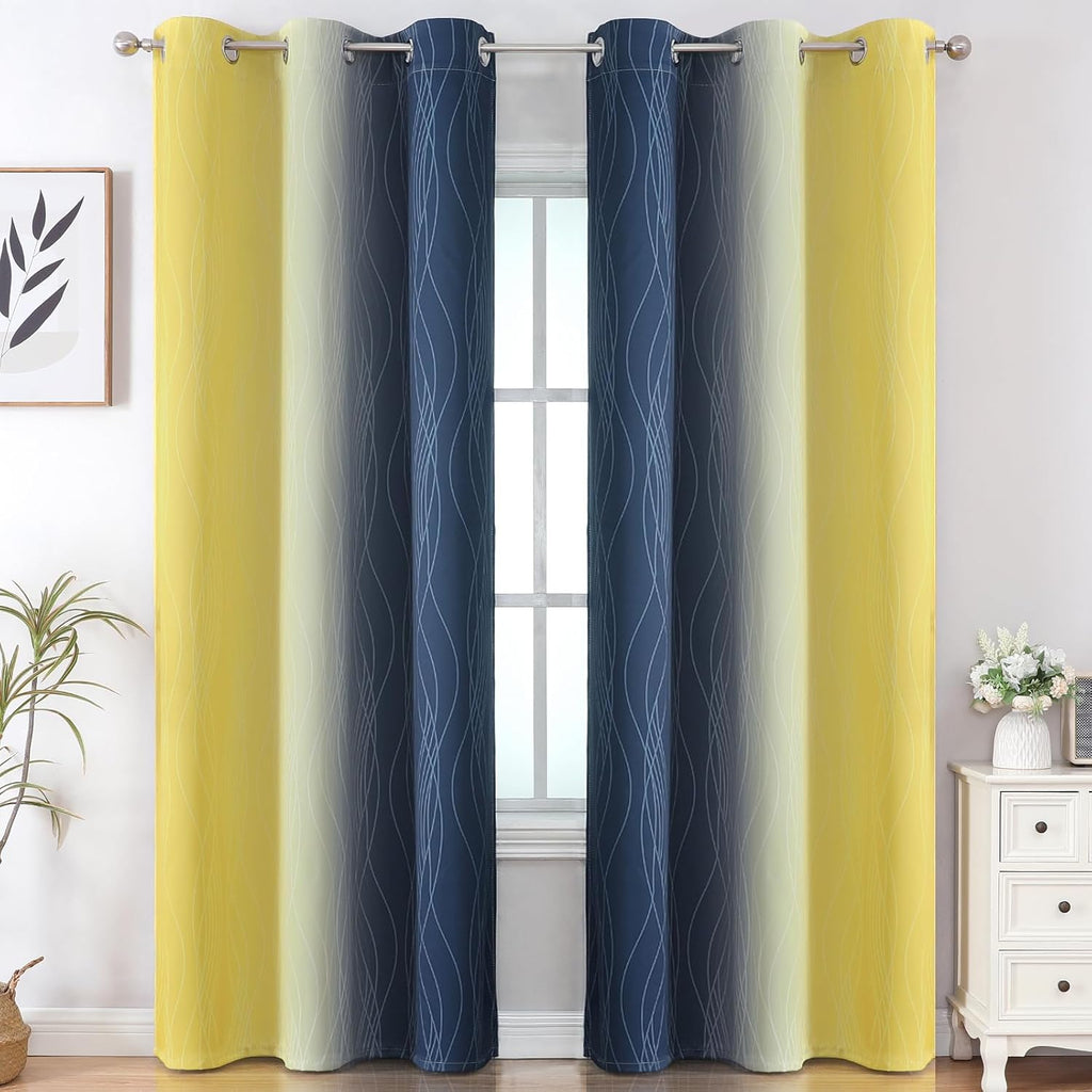 Estelartextiler Estelar Textiler Yellow and Navy Blue Ombre Blackout Curtains for Living Room, Thermal Insulated Gradient Blackout Drapes,…