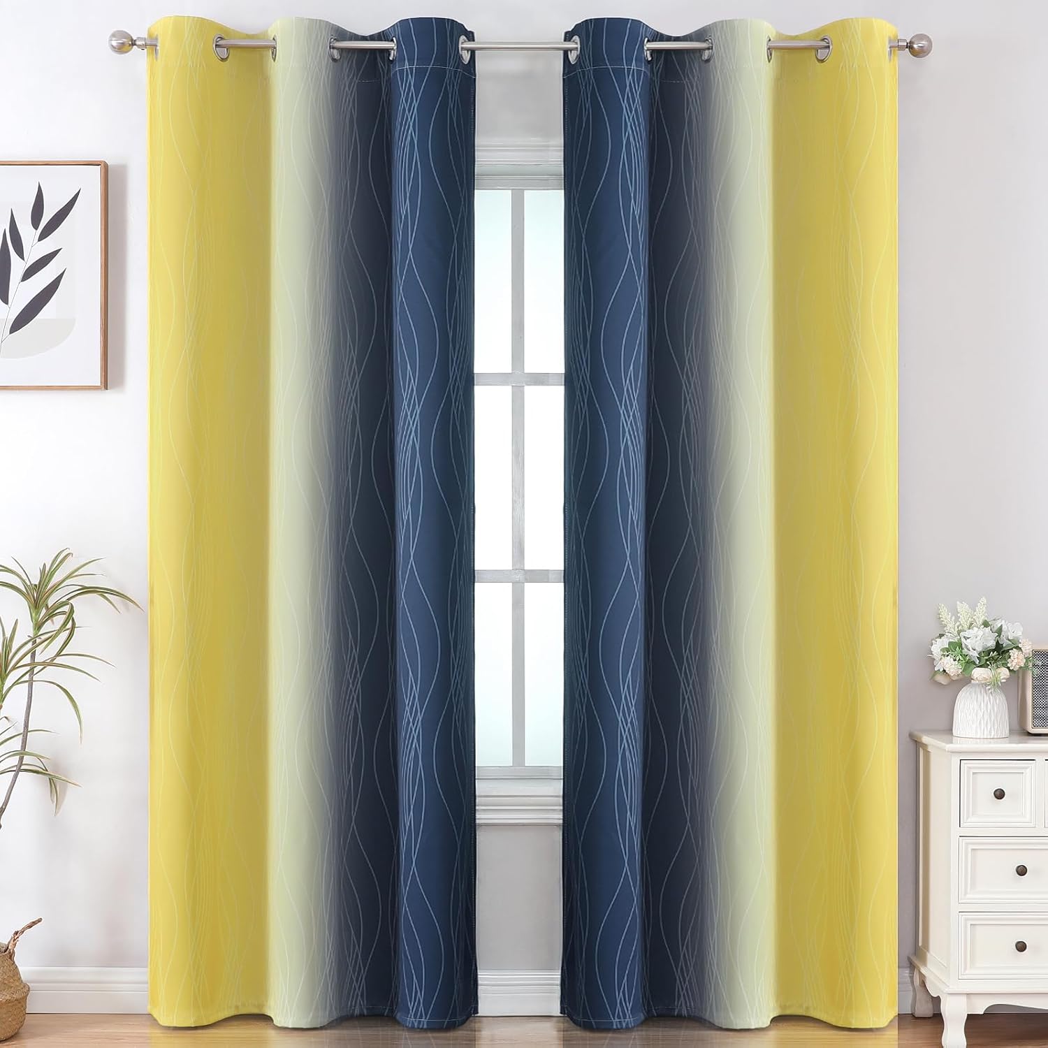 Estelartextiler Estelar Textiler Yellow and Navy Blue Ombre Blackout Curtains for Living Room, Thermal Insulated Gradient Blackout Drapes,…