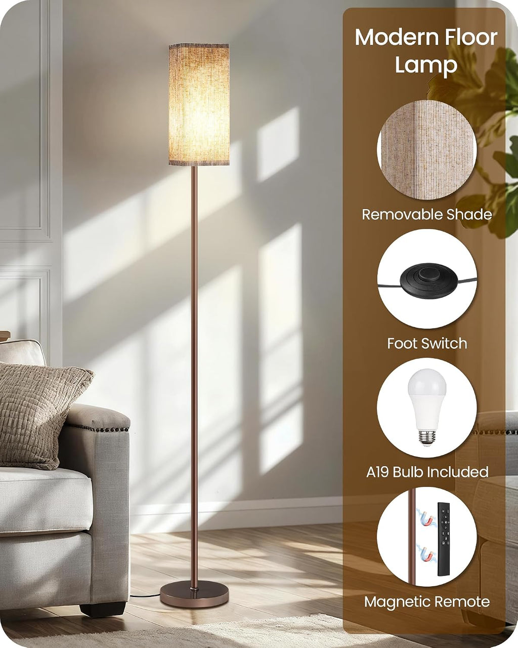 64.2'' Dimmable Floor Lamp for Living Room with Remote and Foot Switch, Corner Floor Lamp for Bedroom, Includes 10W A19 Bulb, Modern…