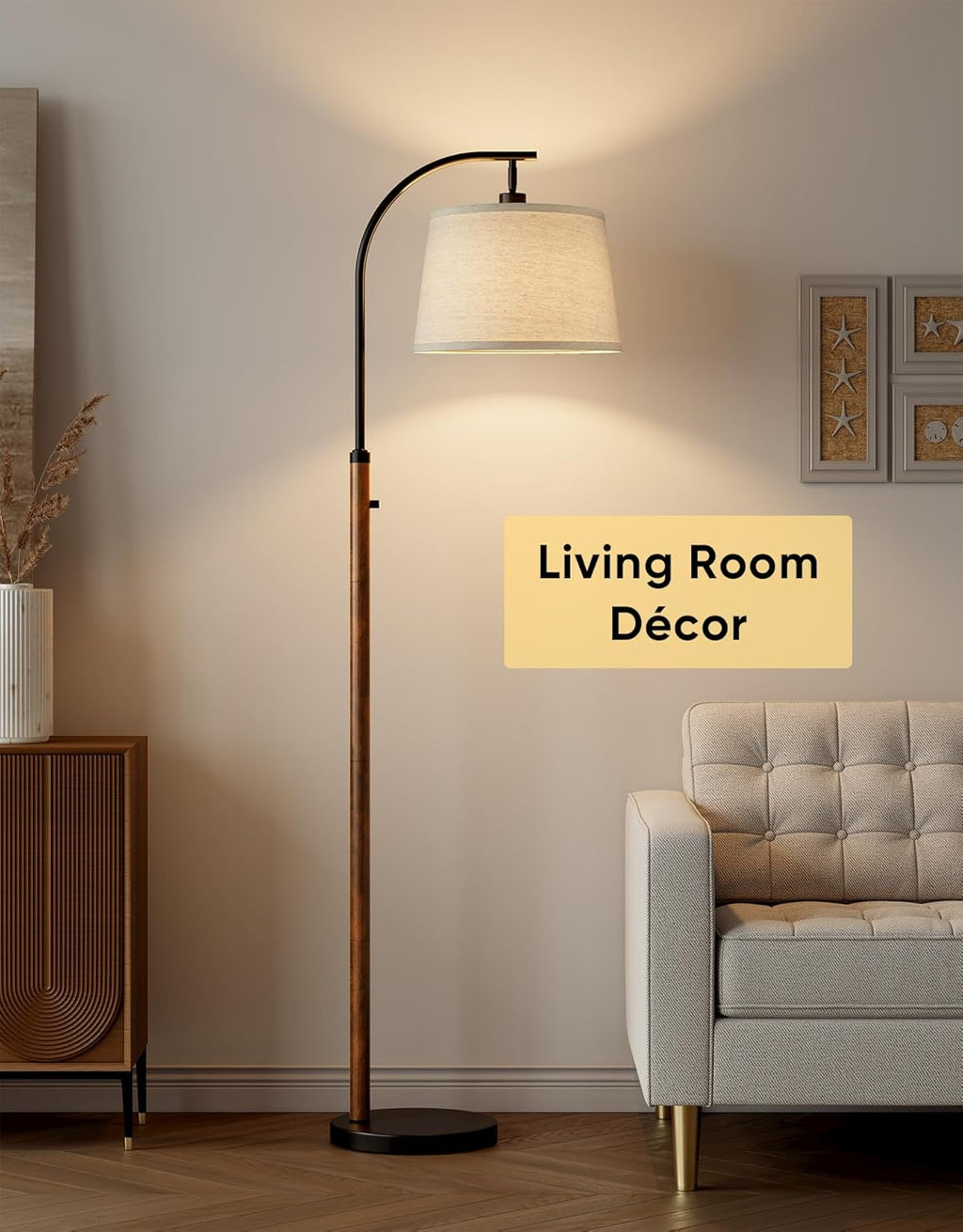 Dimmable Floor Lamp for Living Room, 65" Tall Metal Standing Lamp with LED Bulb, Mid Century Modern Arc Floor Lamp with Linen Shade for…