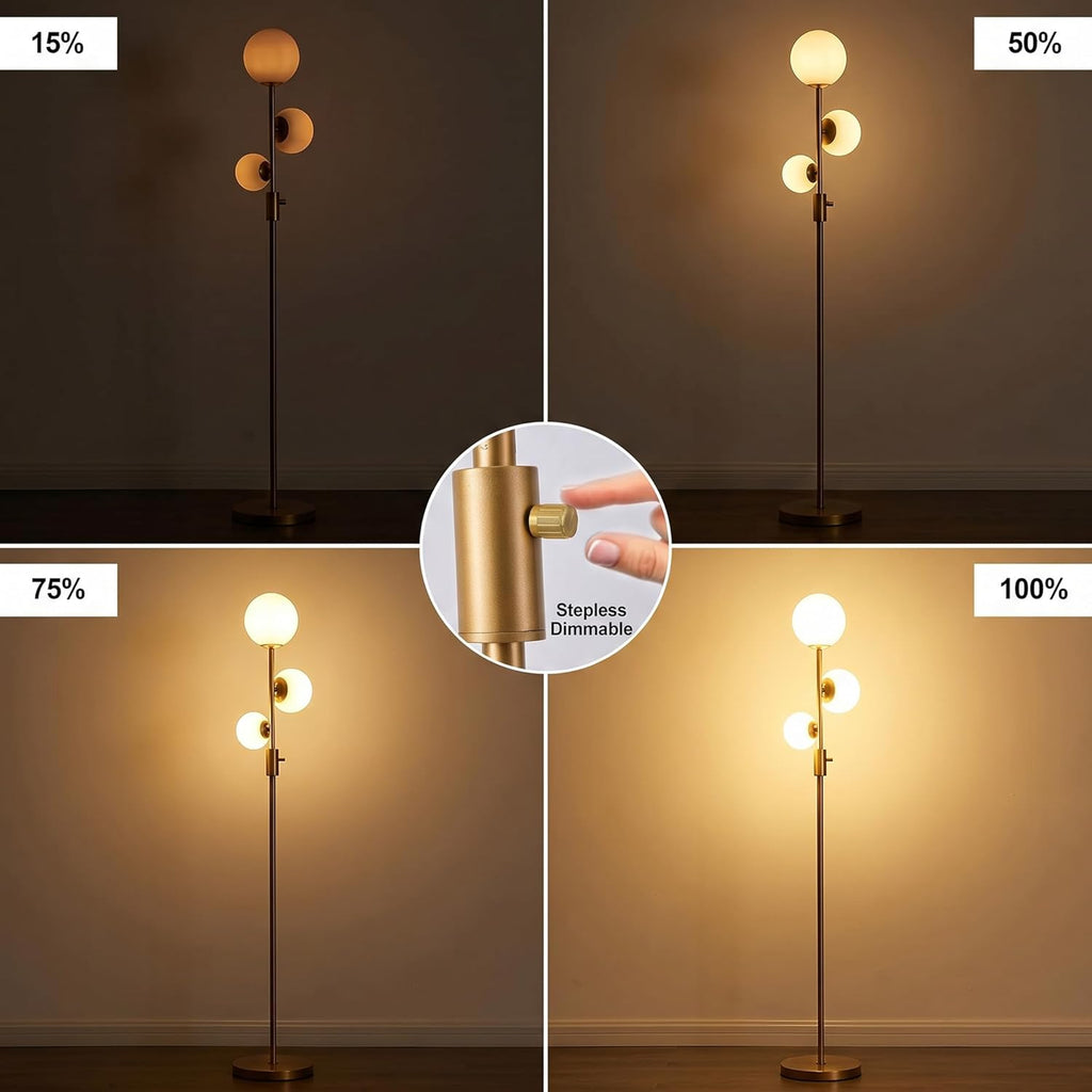 Fiqevs Dimmable 3 Globe Floor Lamp - Mid Century Modern Gold Standing Lamp with Frosted Glass Shade & LED Bulbs for Living Room, Bedroom…