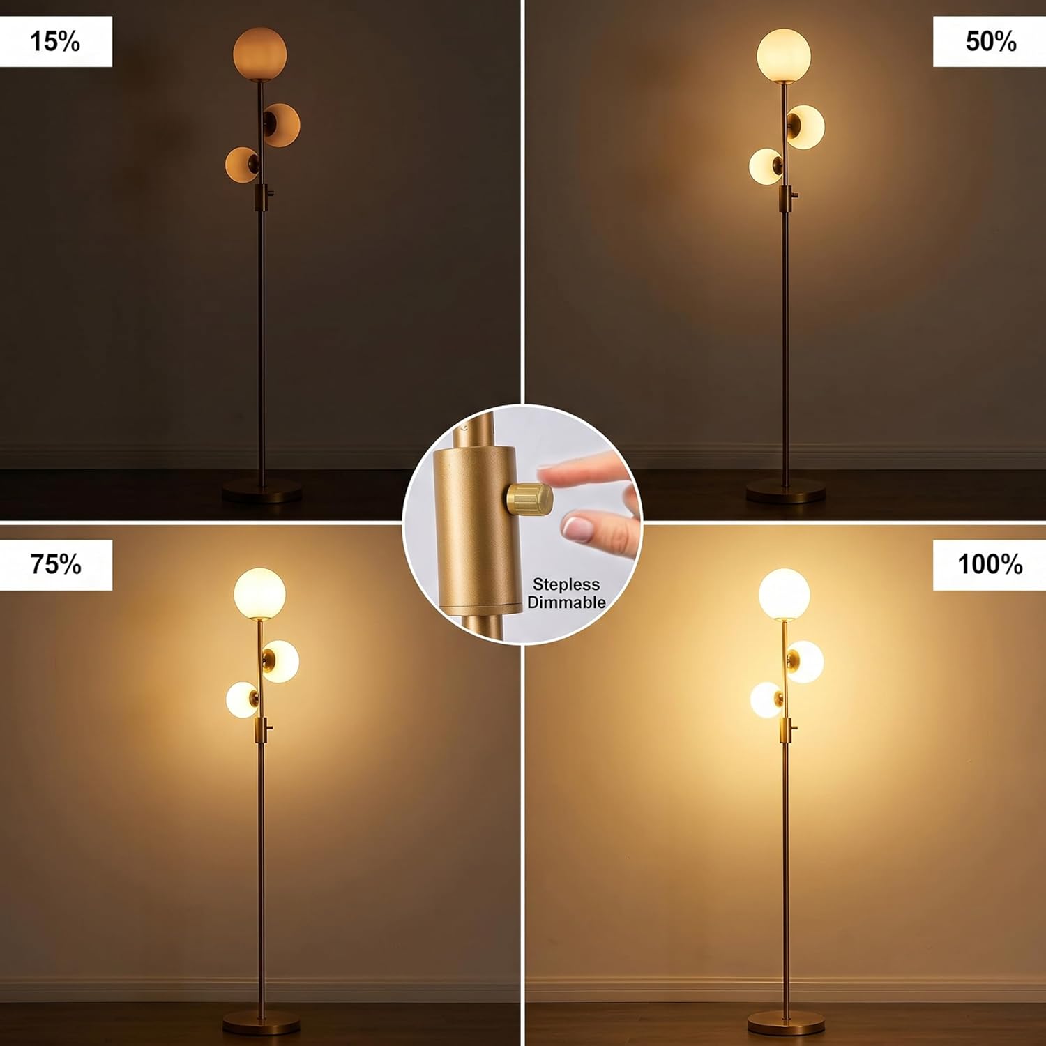 Fiqevs Dimmable 3 Globe Floor Lamp - Mid Century Modern Gold Standing Lamp with Frosted Glass Shade & LED Bulbs for Living Room, Bedroom…