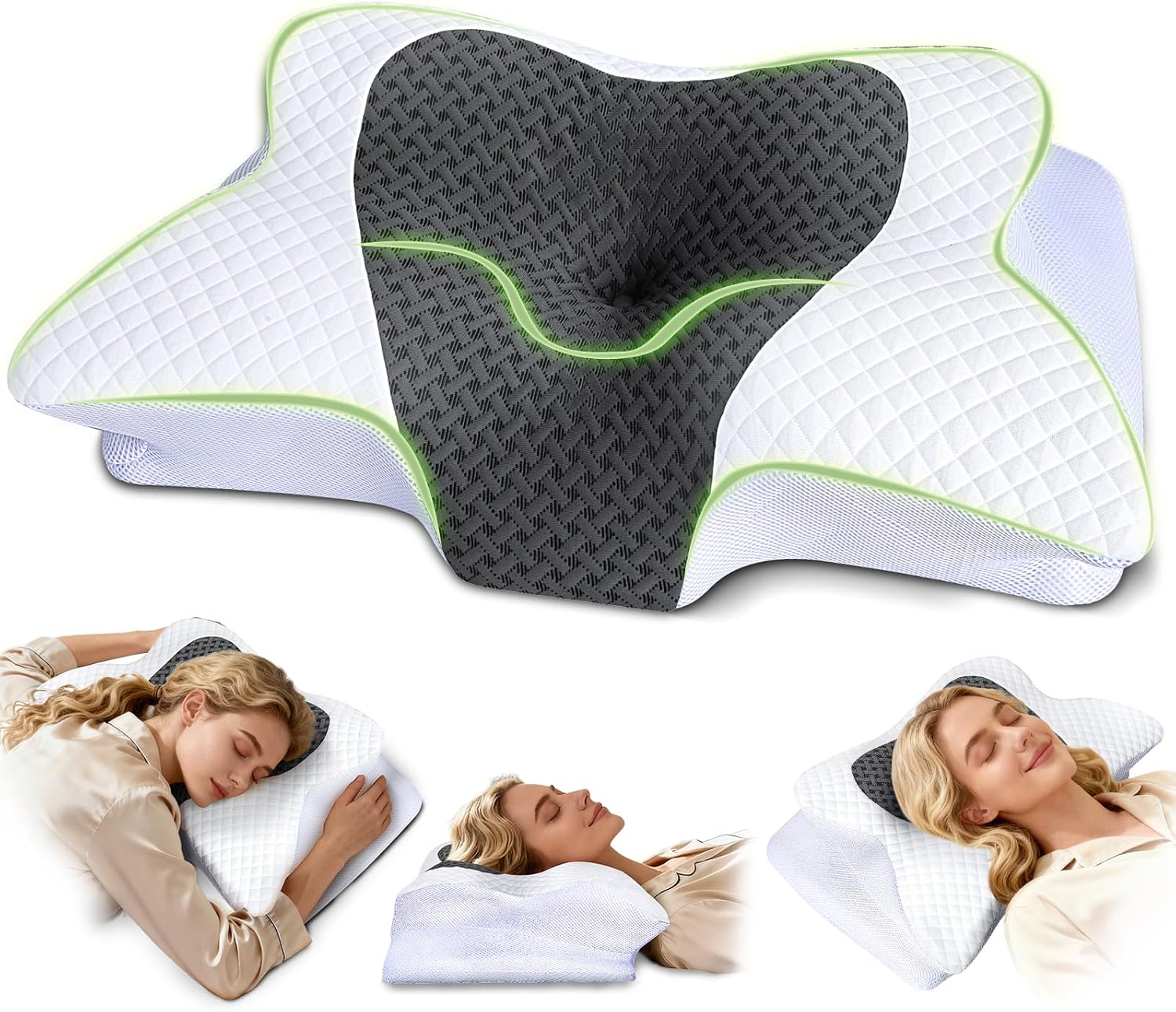 Roowana Cervical Neck Pillow for Neck Pain, Memory Foam Orthopedic Pillow with Contoured Design, Neck Support Pillows for Side, Back and St…