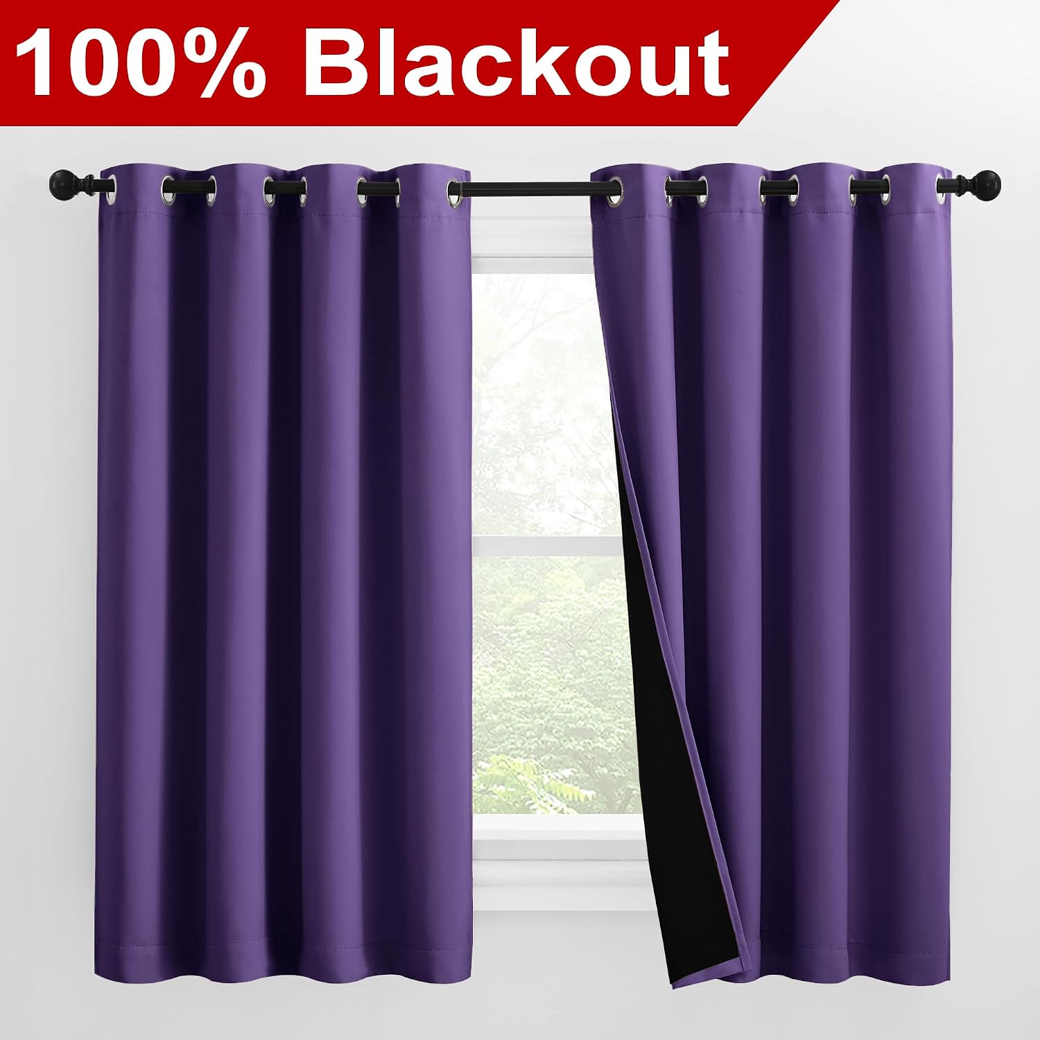 Nicetown 100% Blackout Curtains with Black Liners, Thermal Insulated Full Blackout 2-Layer Lined Drapes, Noise Cancellation Window Draperie…