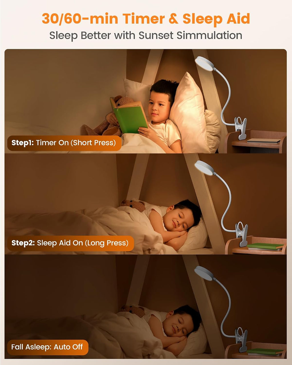 Glocusent 72 LED Clip on Lamp with Remote, Reading Light with Amber Ring, 3 Colors & 5 Dimmable Bed Lamp, 30/60-Min Auto Off Timer, Clamp…