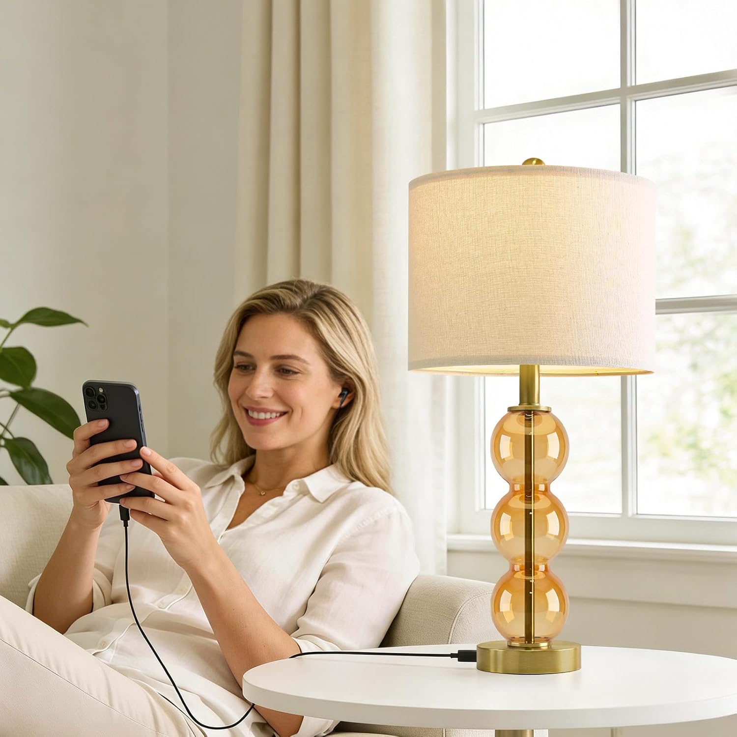Oneach 25" Amber Glass Table Lamps for Living Room, Glass Modern Table Lamp Set of 2, USB Charging Ports, Linen Shade, Bedside Lamps for Be…