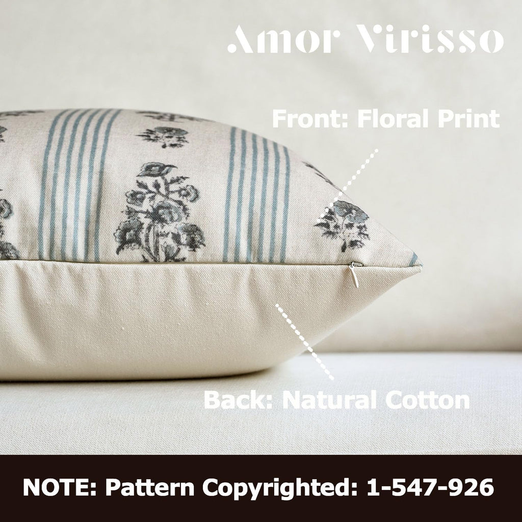 AffordableFloralPrintMaker Amor Virisso Floral Throw Pillow Covers 22x22 Set of 2 Block Print Pillow Covers Neutral Floral Striped Farmhous…