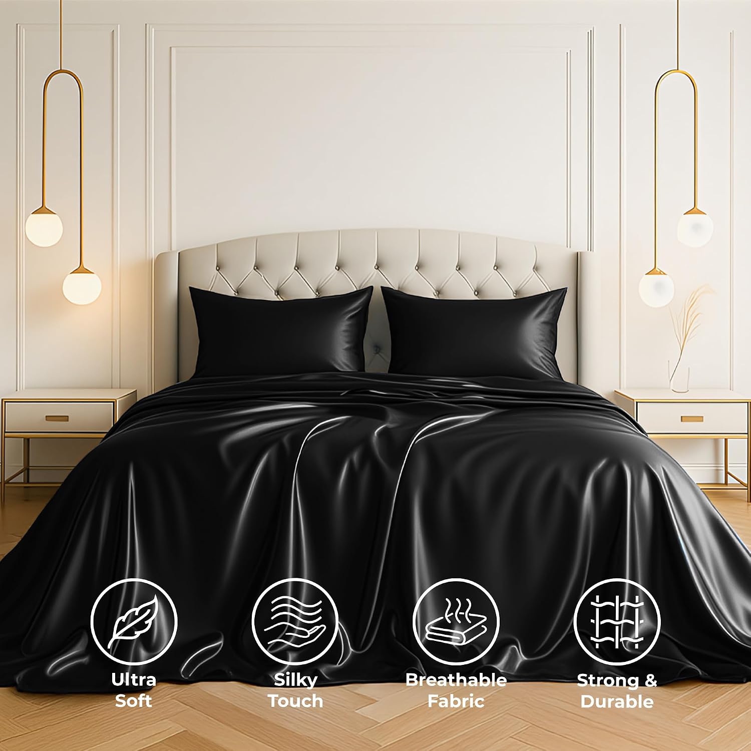 PureBedding Satin Sheets California King [4-Piece, Black] Luxury Silky Bed Sheets - Extra Soft 1800 Microfiber Sheet Set, Wrinkle, Fade, St…