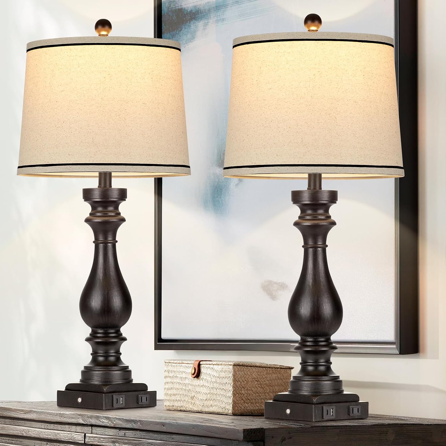 Cinkeda 29" Tall Table Lamp for Living Room Set of 2, Farmhouse Vintage Bedside Nightstand Lamps with USB C+A Ports & AC Outlet,3-Way…