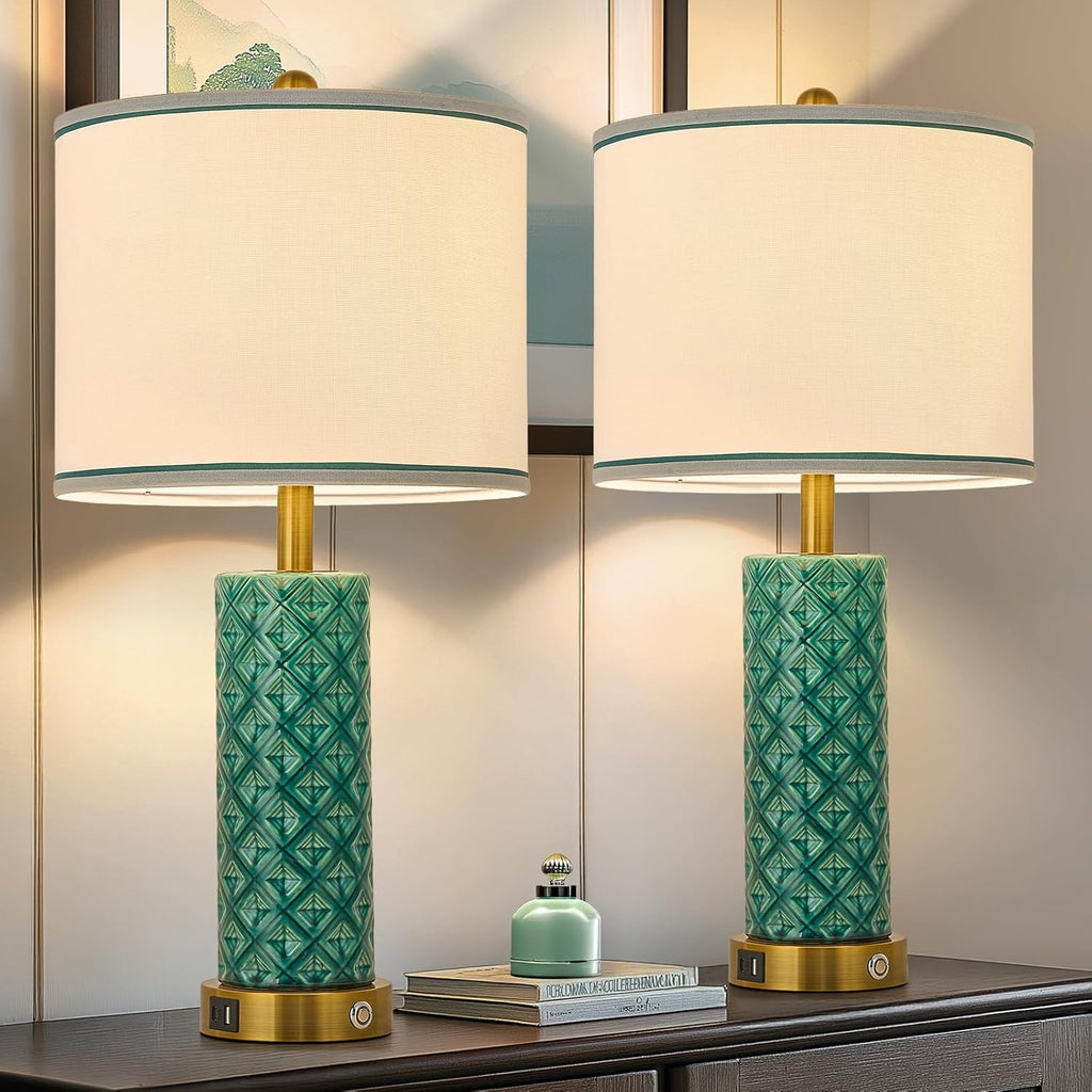 Set of 2 Table Lamp for Living Room Bedroom Farmhouse,26'' Touch Control Bedroom Turquoise Ceramic Lamps 3-Way Dimmable Bedside Lamps…