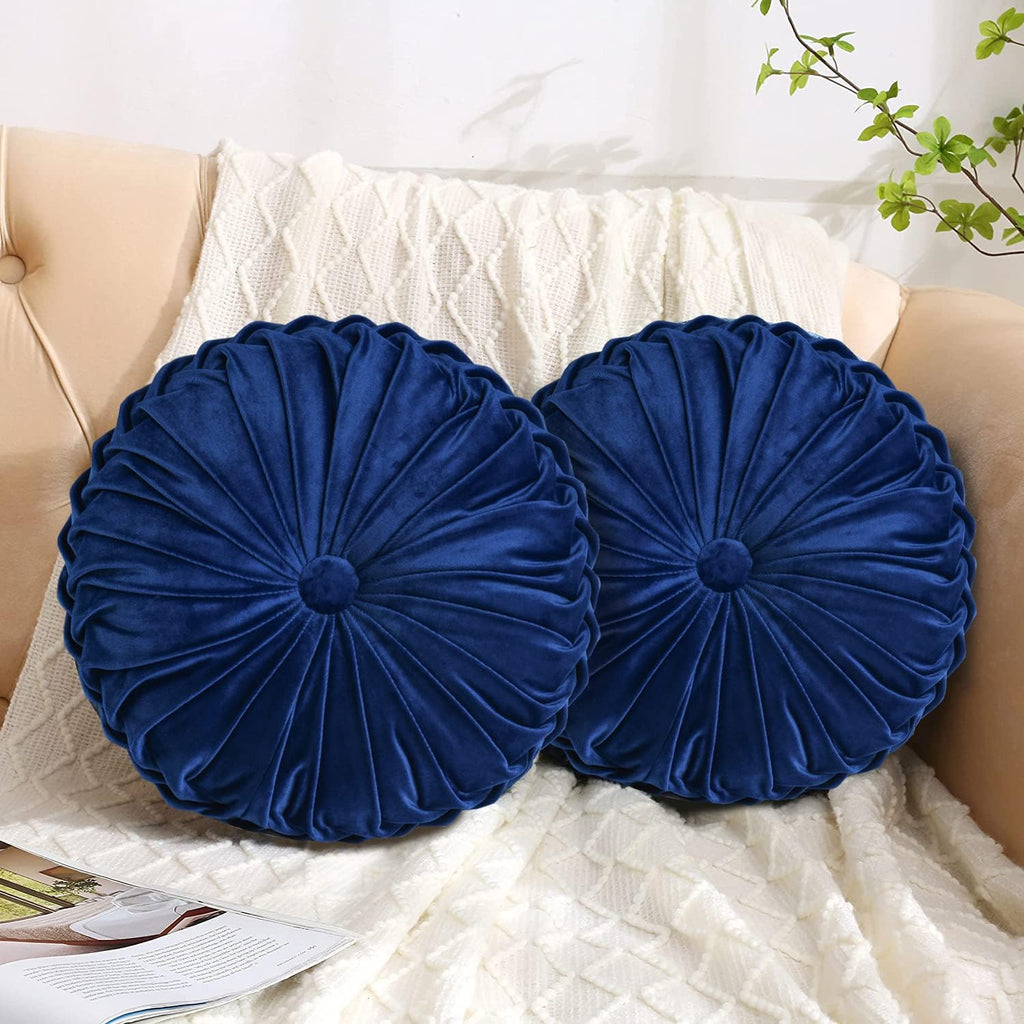 Hig Set of 2 Decorative Round Pleated Throw Pillows, Classy Accent Pumpkin Throw Pillows with Center Button, Vintage Velvet Floor Pillows f…