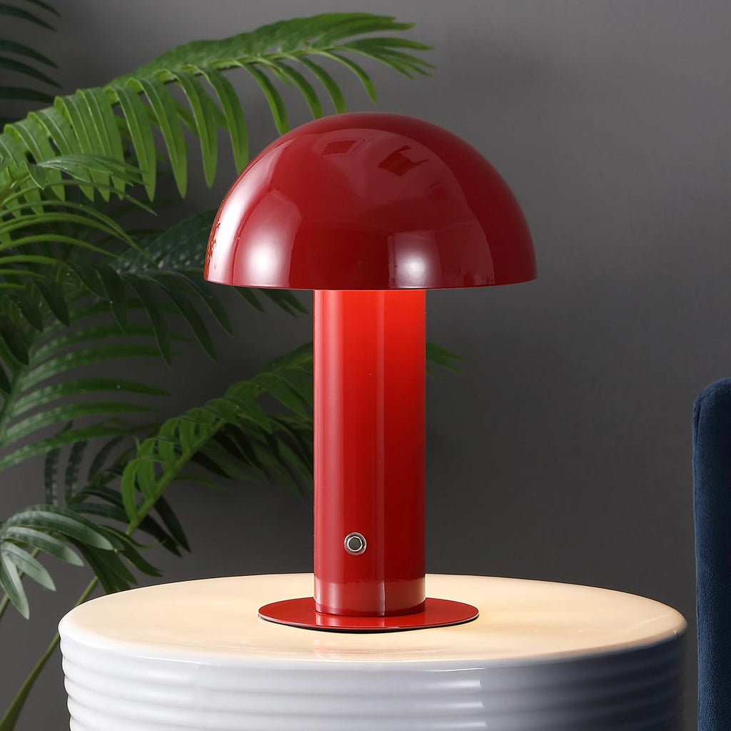 JONATHAN Y 10.75" Red Rechargeable LED Mushroom Table Lamp, Cordless Portable Bedside Lamp for Living Room Bedroom, 3-Way Dimmable Modern…