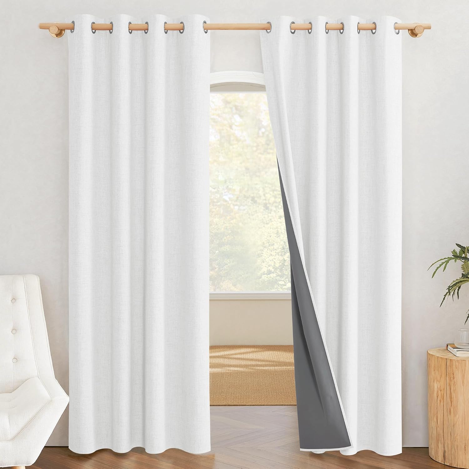NICETOWN 100% Absolutely Blackout Linen Curtains with Thermal Insulated Liner, Greyish White, 52" Wide, 90" Length Energy Saving Curtains…