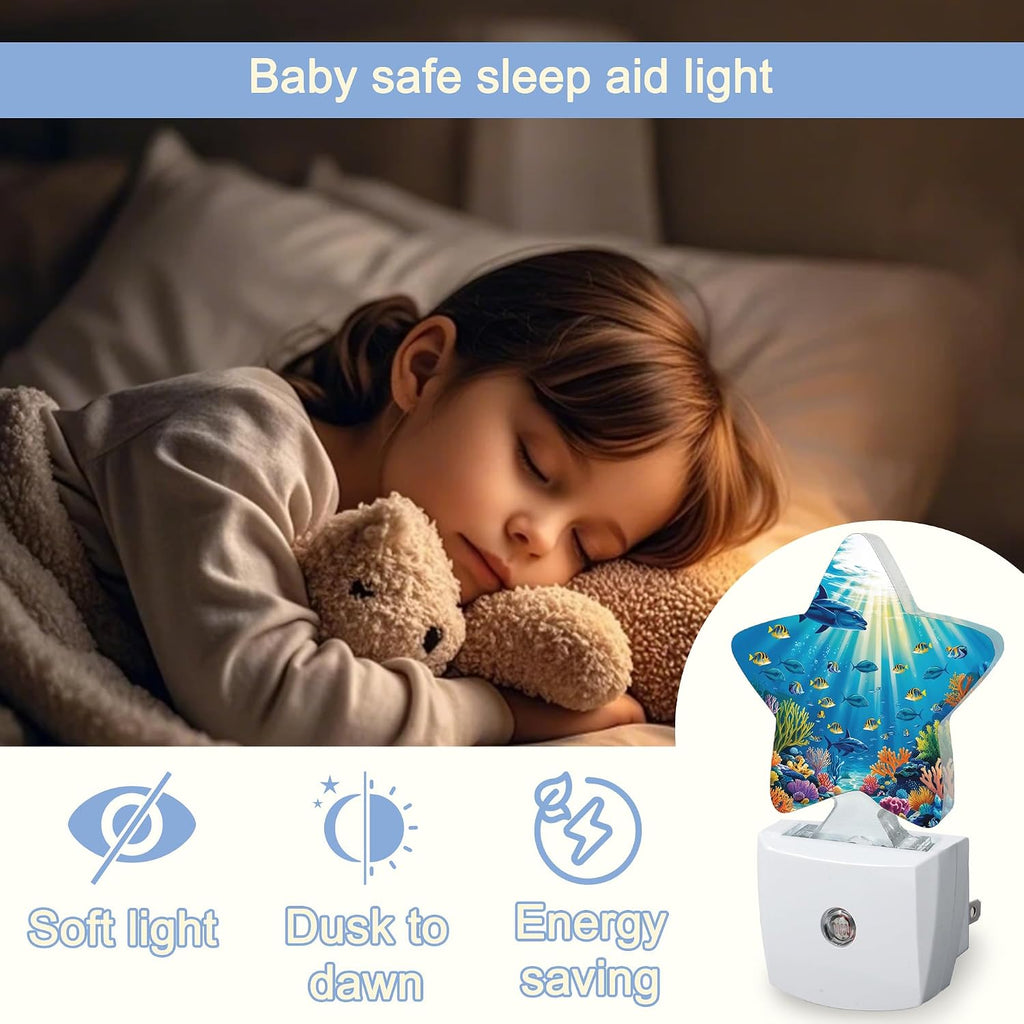 Snowmolle Underwater World Night Light, Sea Ocean Fish Plug-in Star Night Lights with Dusk-to-Dawn Sensor for Bedroom, Bathroom, Living Room S…