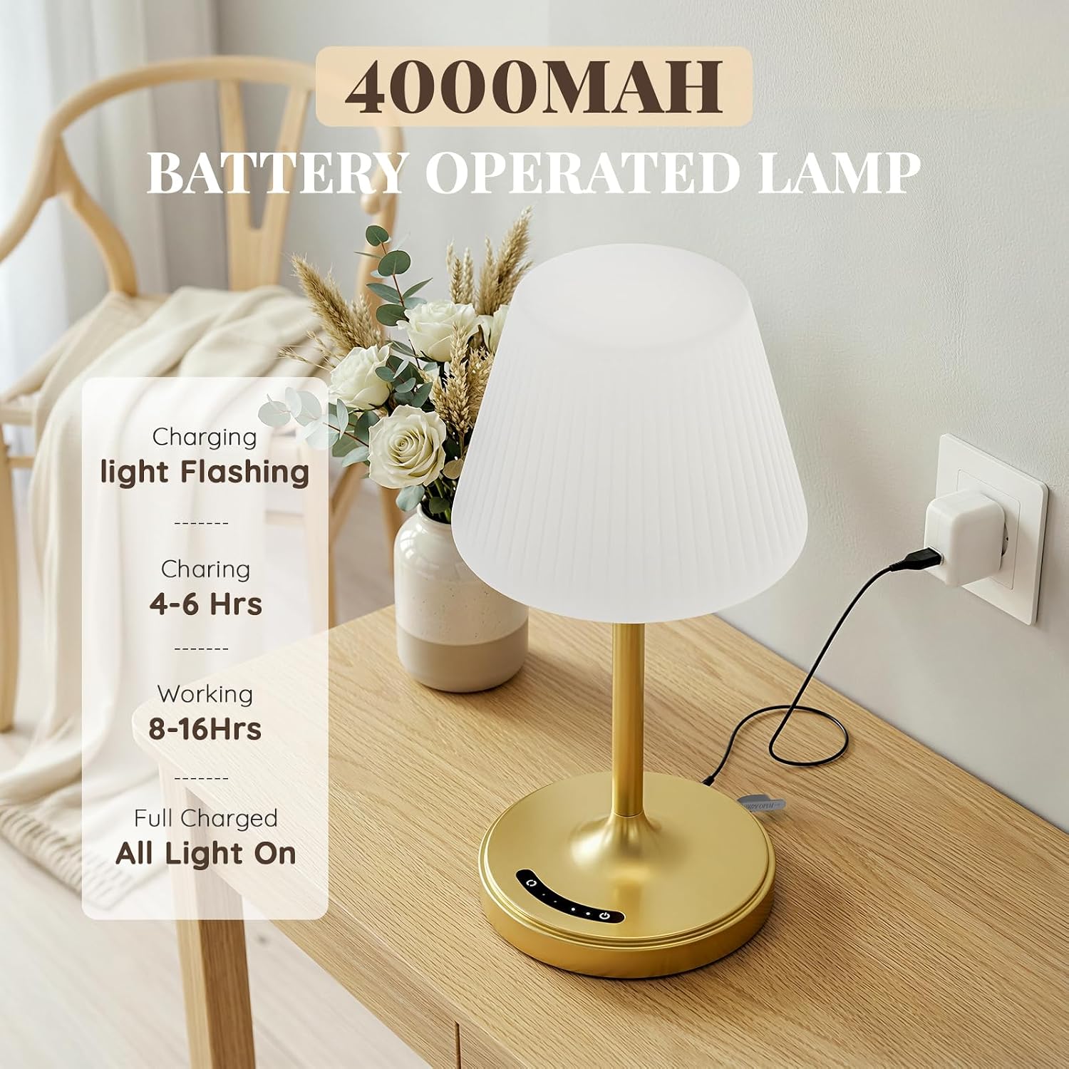 Audles Cordless Table Lamp, Waterproof Shower Lamp, 4000mAh Rechargeable Table Lamps, 3-Color Dimmable Light, Battery Operated Lamp Desk Ni…